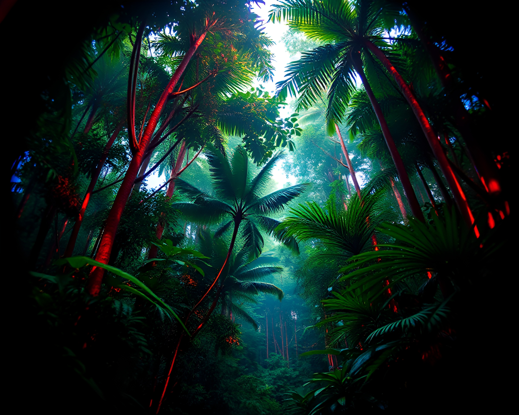 Holographic Jungle Canopy: Split Focus Synthwave Display – free AI stock image