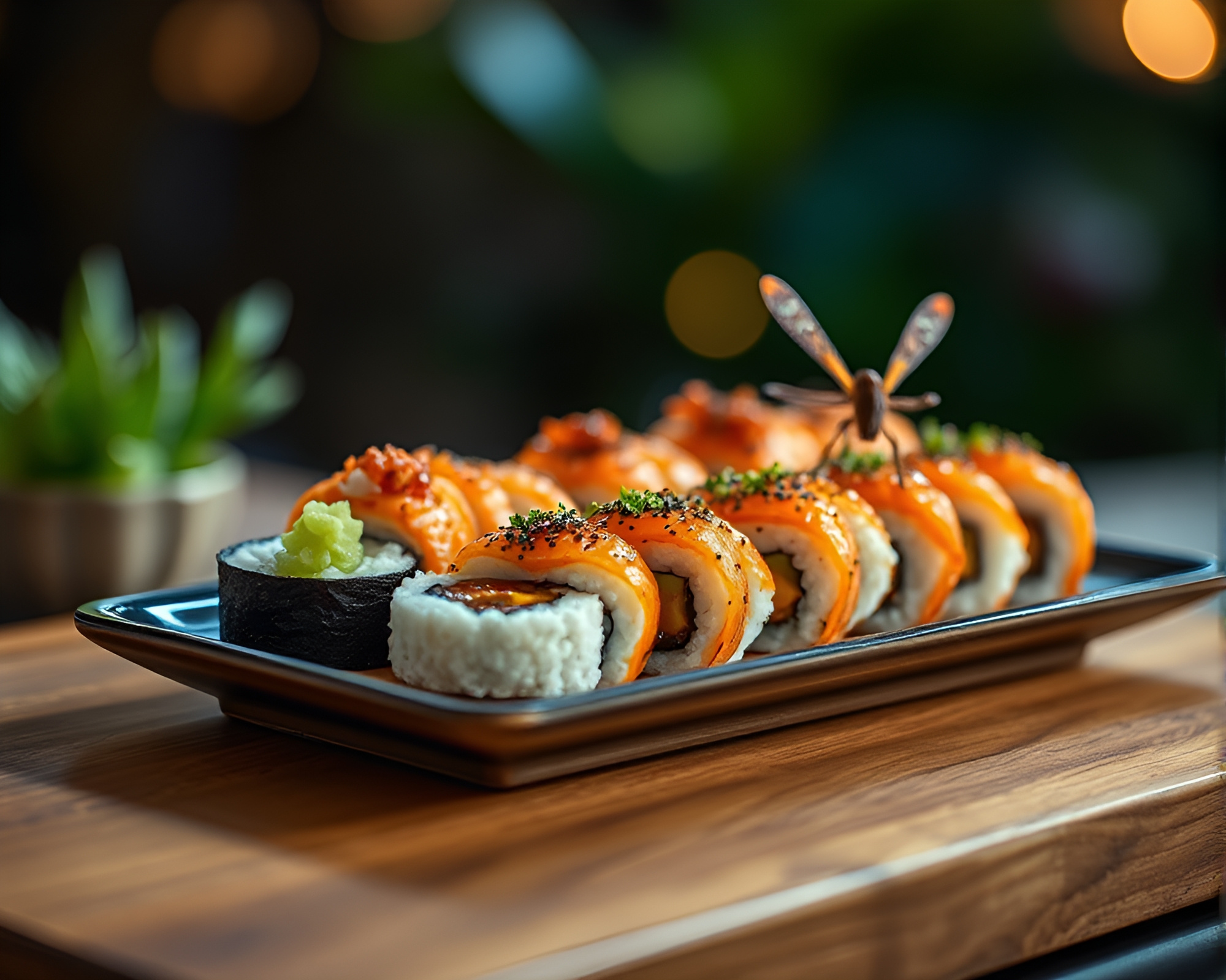 Sushi Platter Illuminated by Glowing Fireflies – free AI stock image