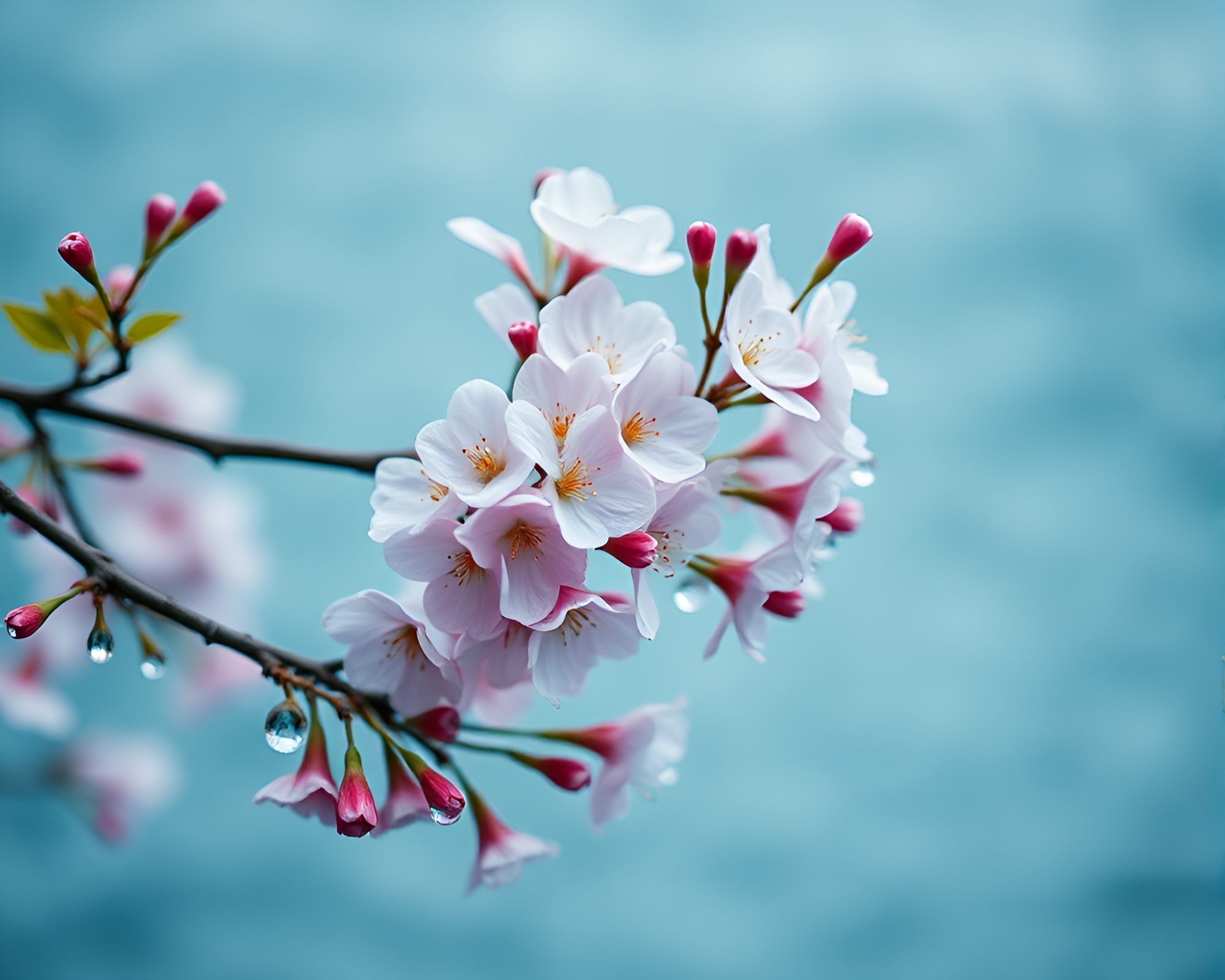 Tranquil Cherry Blossom Tree with Ocean Blue Water Droplets – free AI stock image
