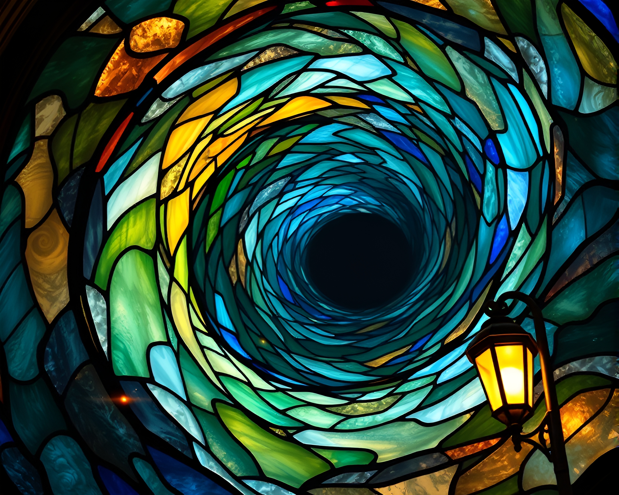 Swirling Vortex Through Stained-Glass Streetlamp Glow – free AI stock image