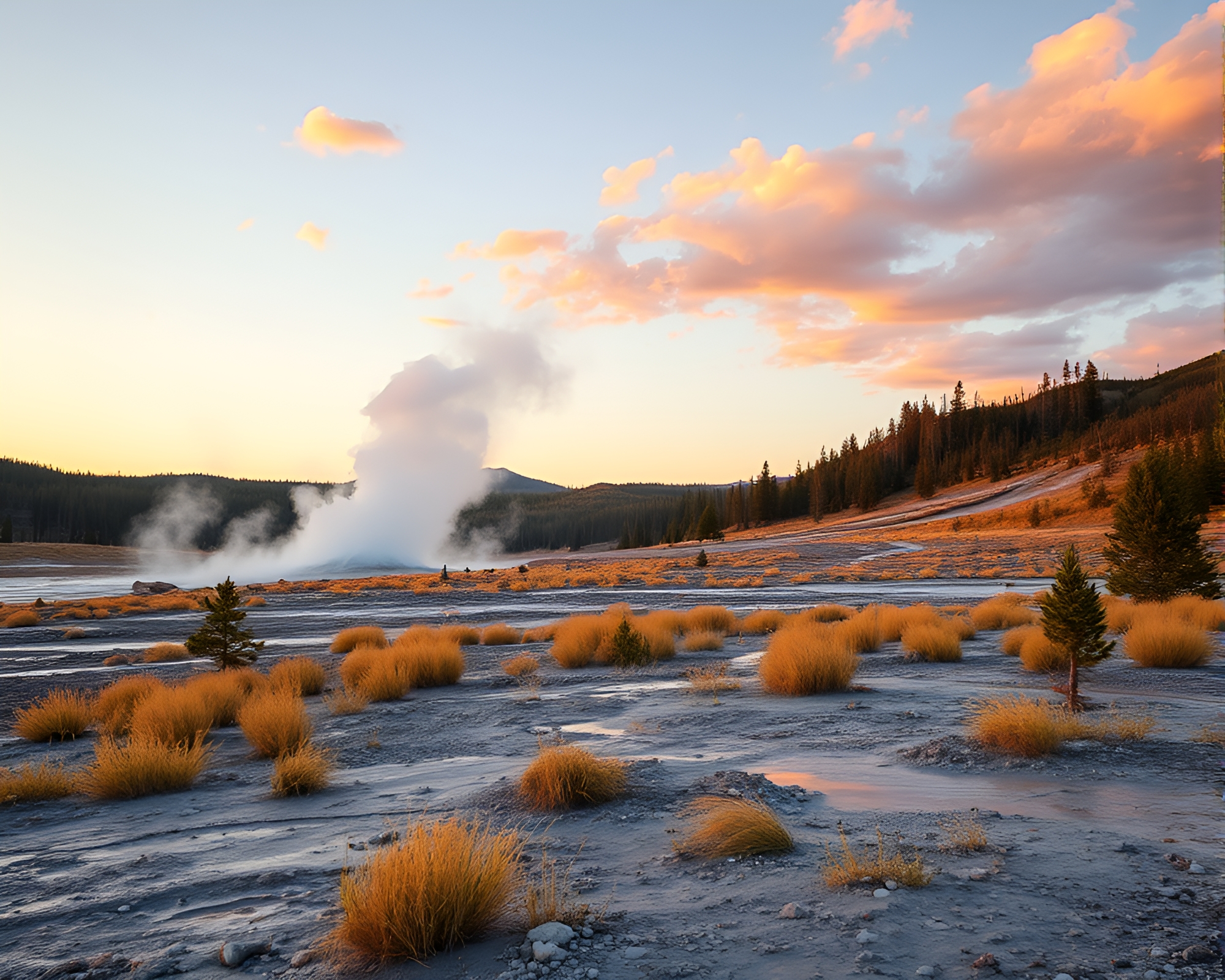Geothermal Geyser Field at Golden Hour with Beadwork Accents – free AI stock image