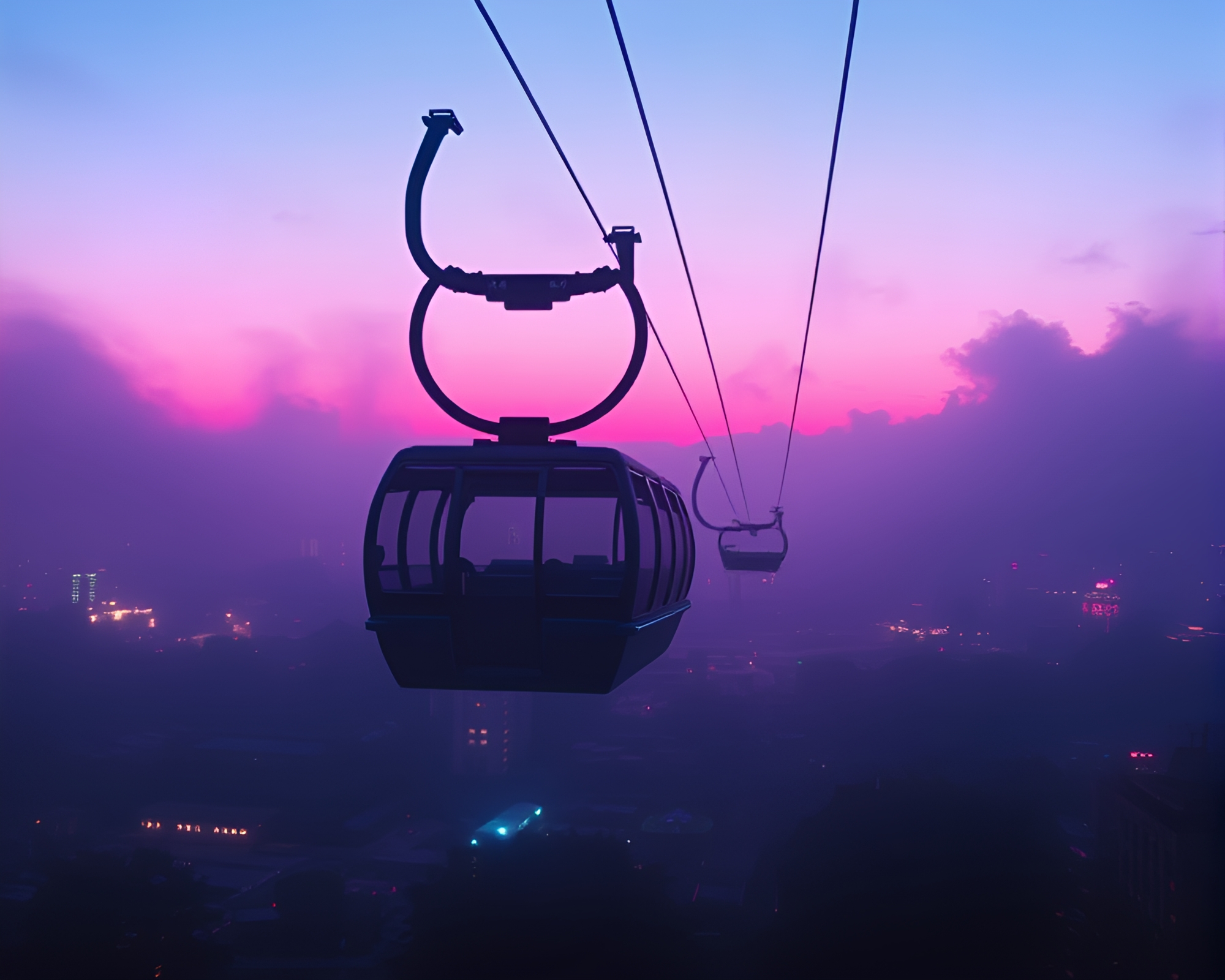 Vaporwave Gondola Lift in Dutch Angle Sunset Scene – free AI stock image