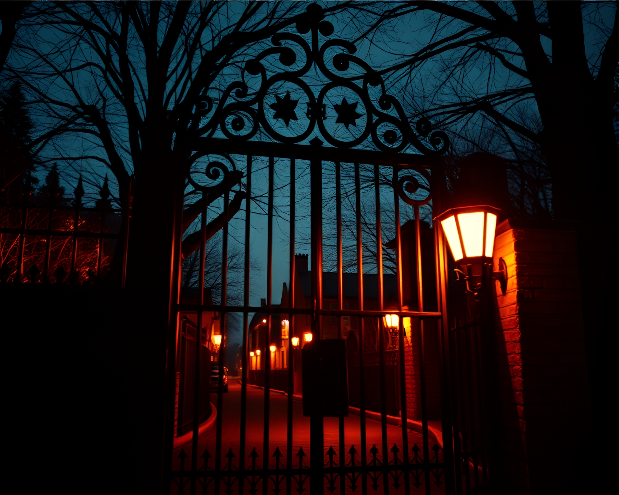 Enchanted Iron Gate in Flickering Light – free AI stock image