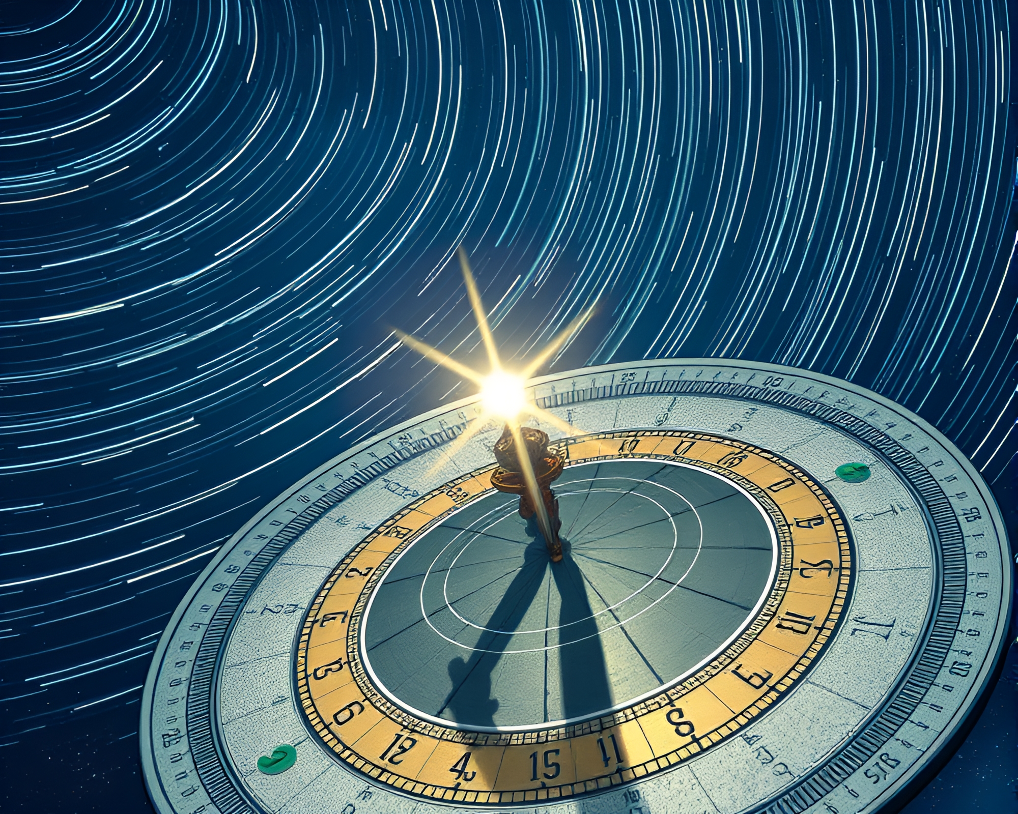 Star trails on vintage pocket sundial medical illustration – free AI stock image