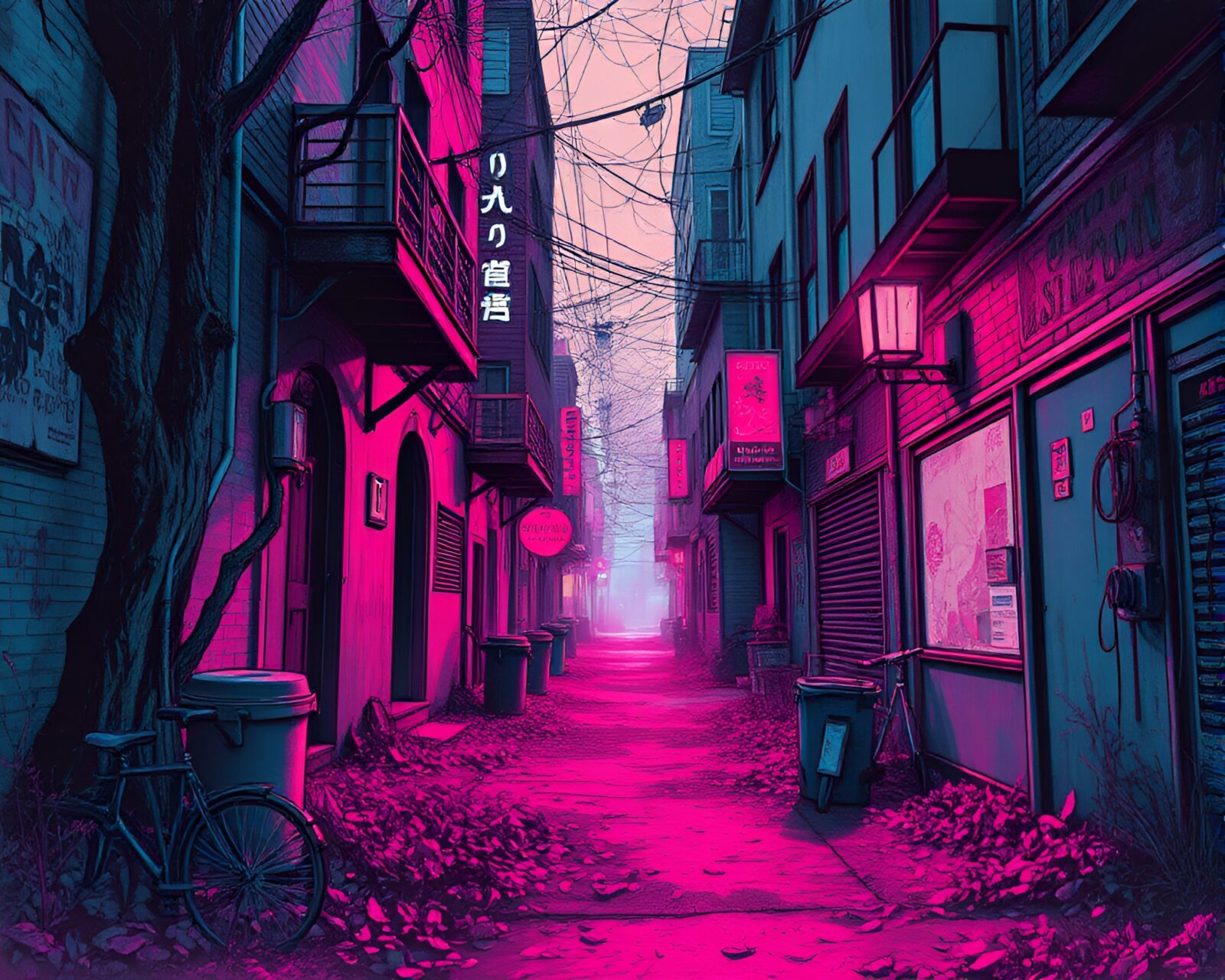 Etched illustration of cyberpunk alley in magenta light with leaves