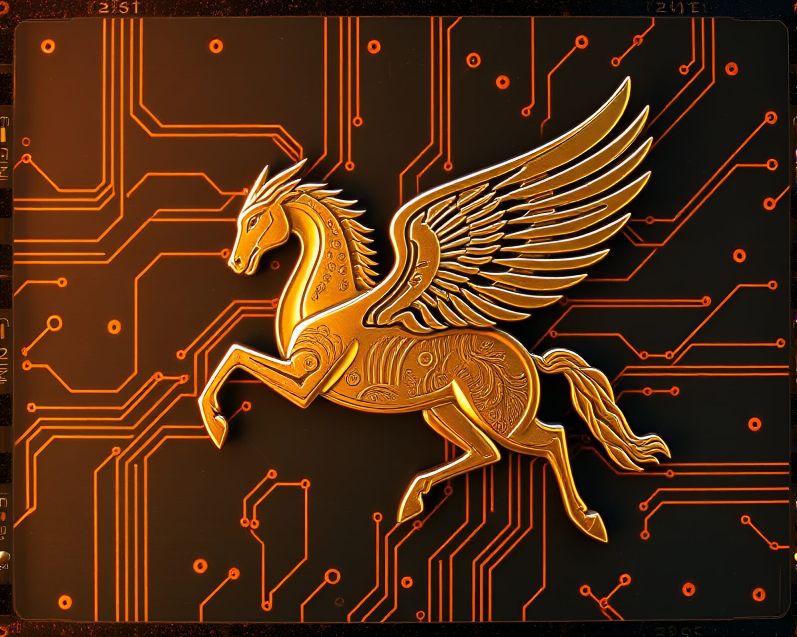A majestic Pegasus made of circuit board traces gleaming
