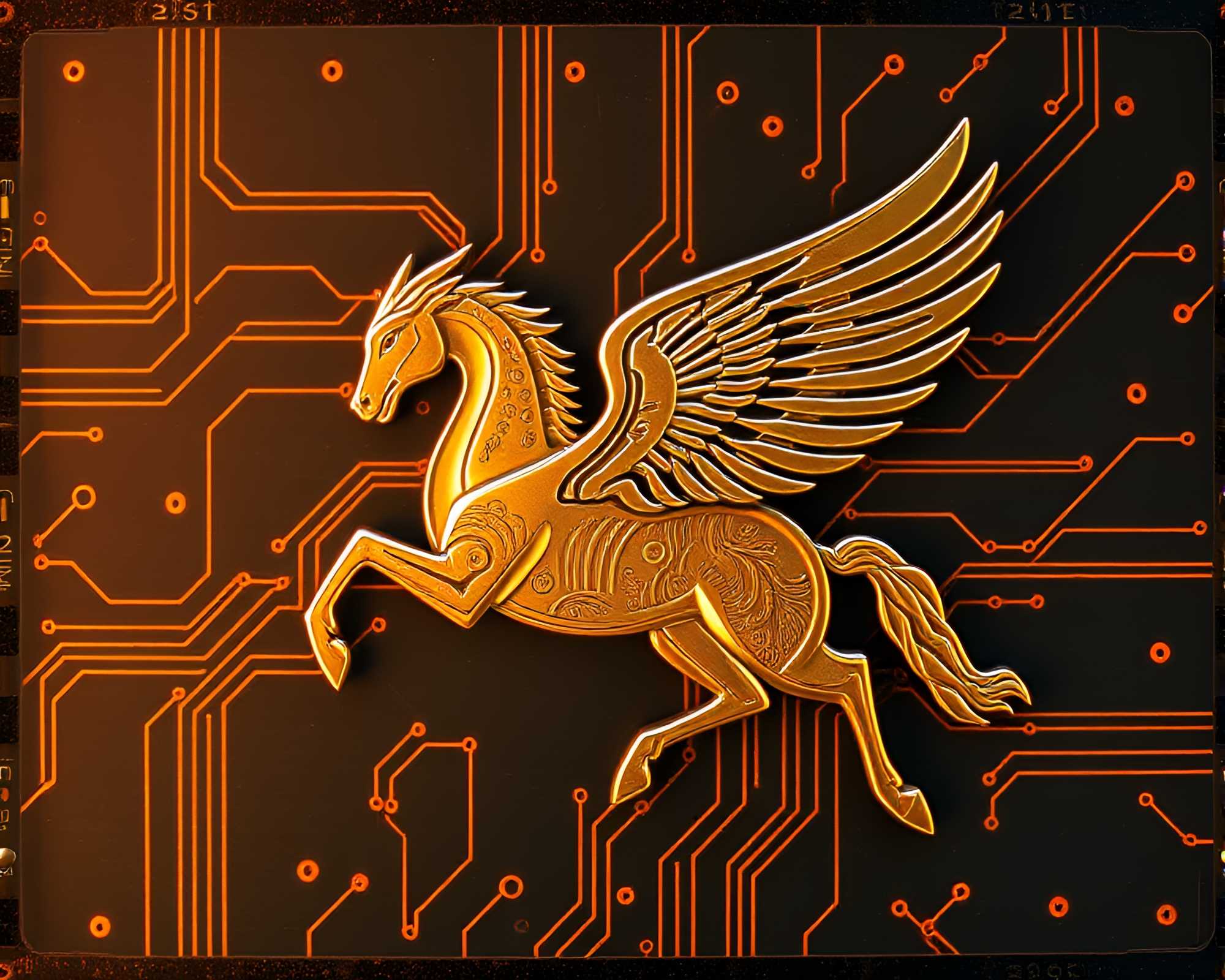 Circuit Board Pegasus with Metallic Sheen – free AI stock image