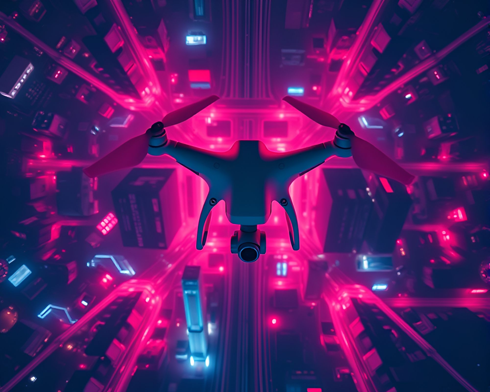 Symmetrical Infrared Drone Surveillance in Neon Cityscape – free AI stock image
