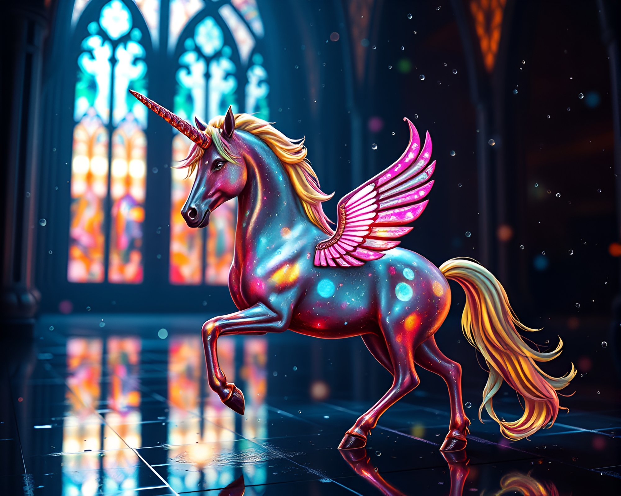 Enchanting Unicorn in Stained Glass Water Droplets – free AI stock image