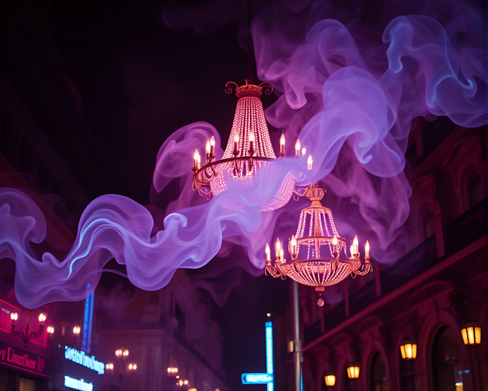 Victorian Chandelier Illuminated by Neon City Smoke Swirl – free AI stock image