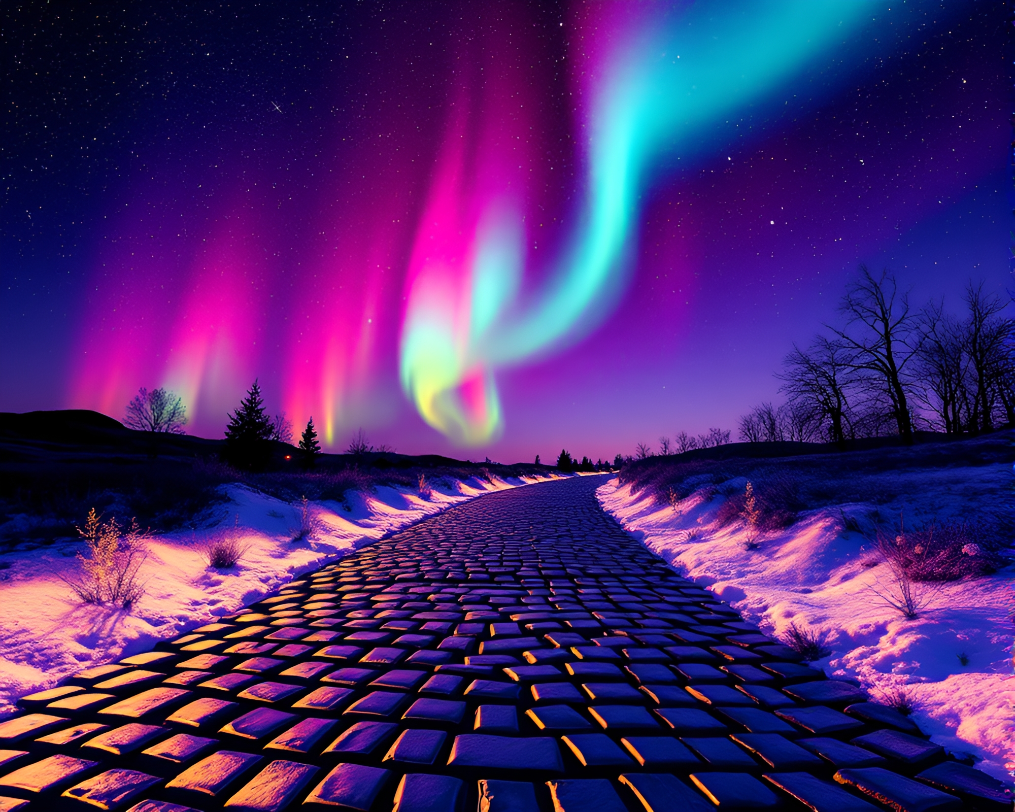Mystical Aurora Borealis Illuminates Cobblestone Path – free AI stock image