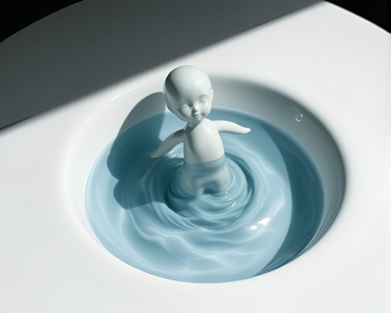 Porcelain doll amidst swirling waters in dramatic light and shadow