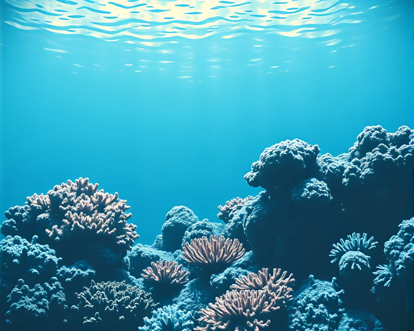 Mystical woodblock print of a vibrant coral reef scene