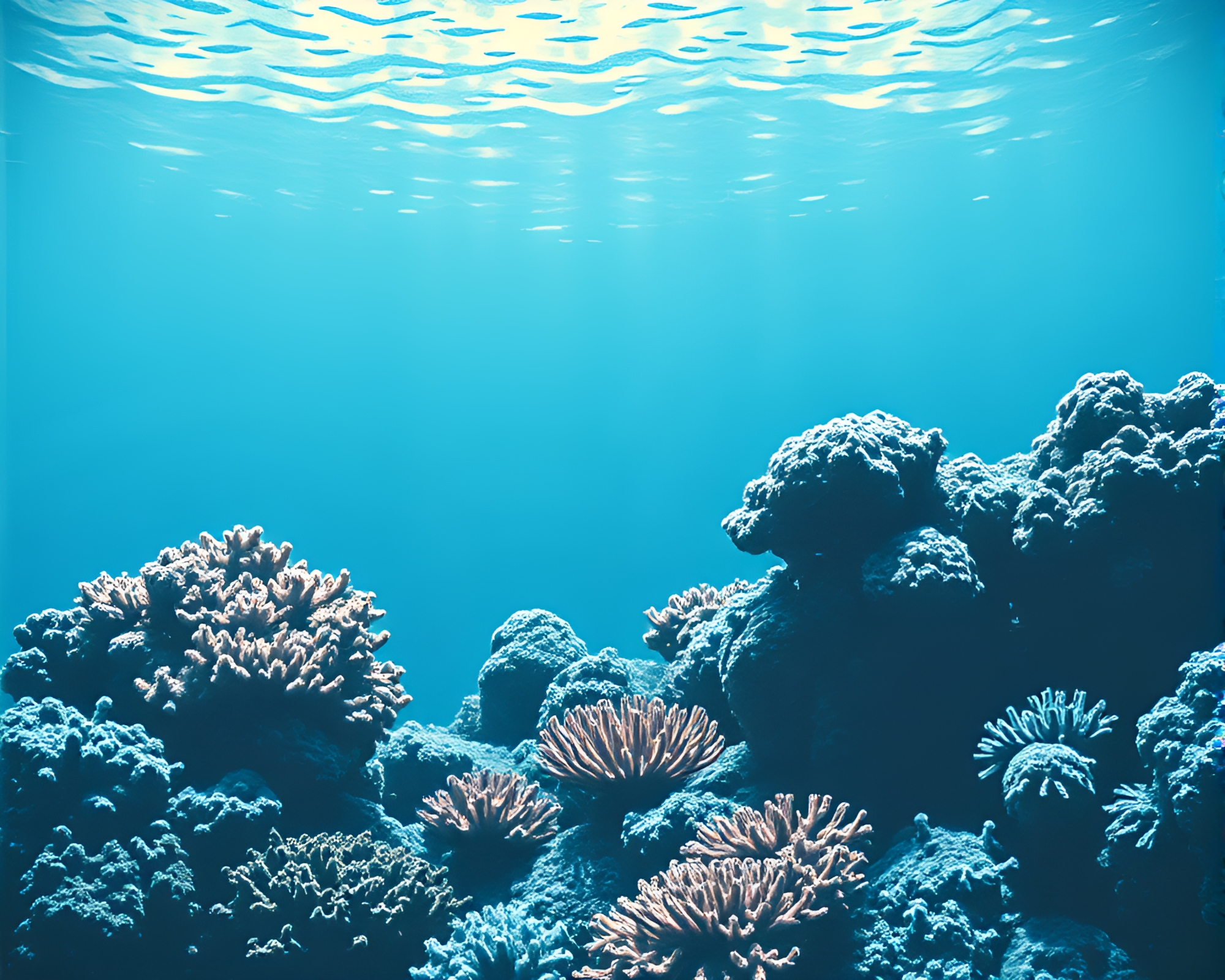 Underwater Coral Reef Woodblock Print with Ice-Blue Lighting – free AI stock image