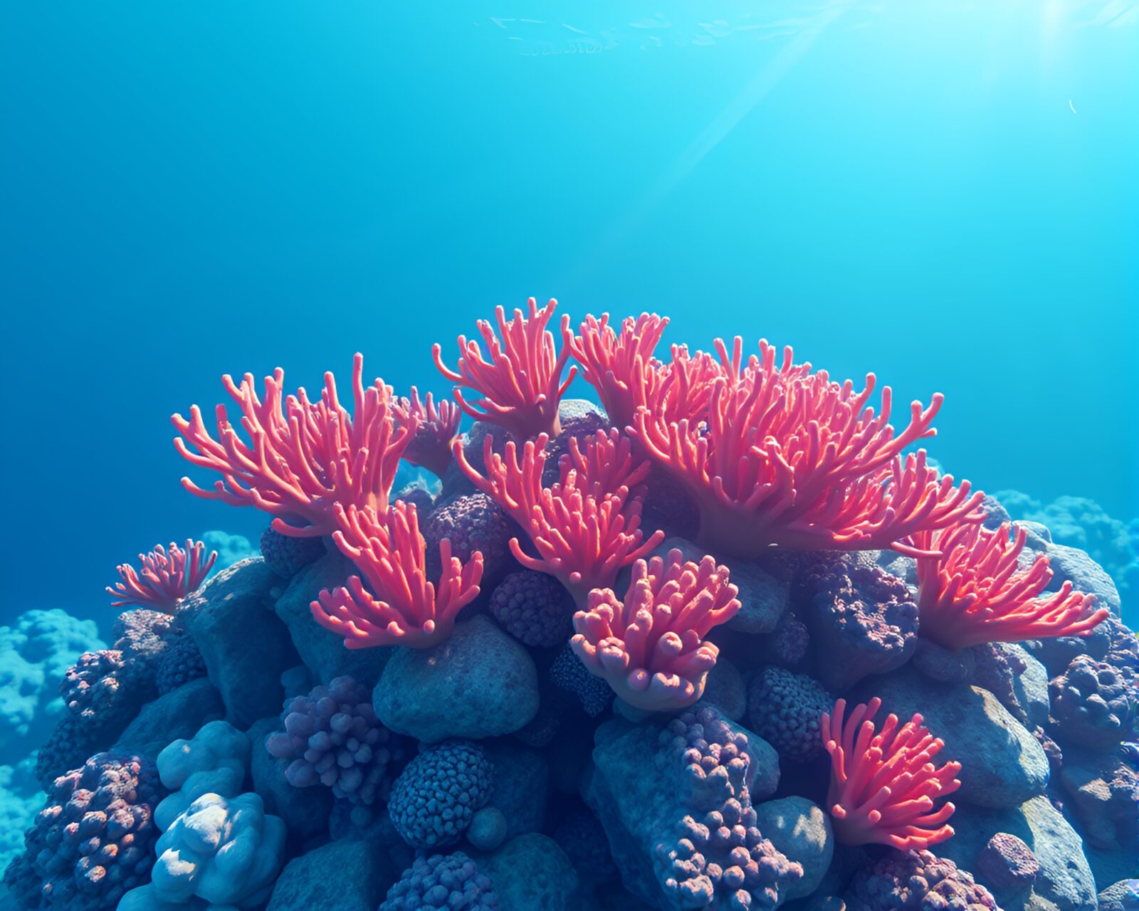 Abstract 3D rendered underwater scene with vibrant blue colors