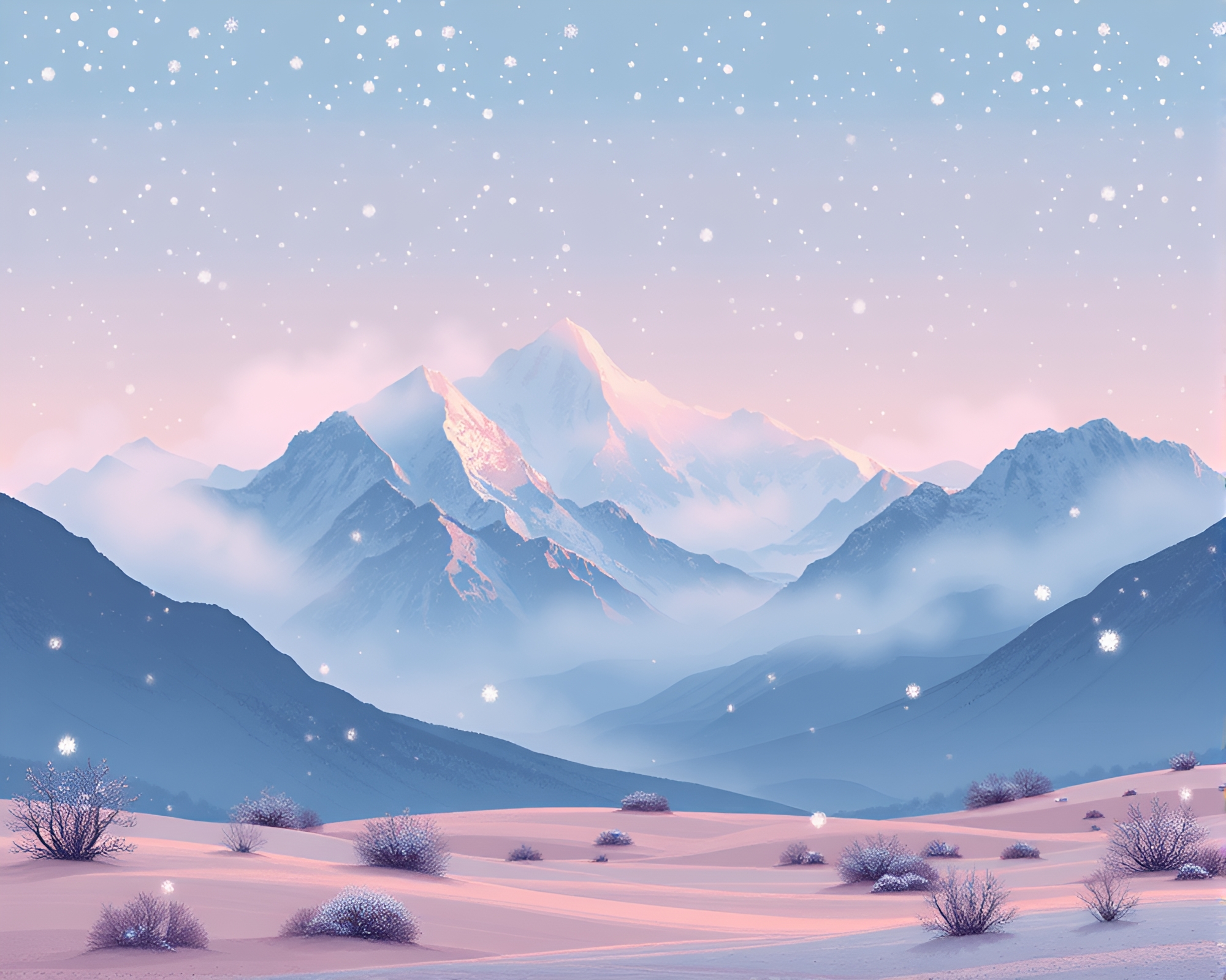 Snowflakes Obscure Misty Mountain in Retro Pixel Art – free AI stock image