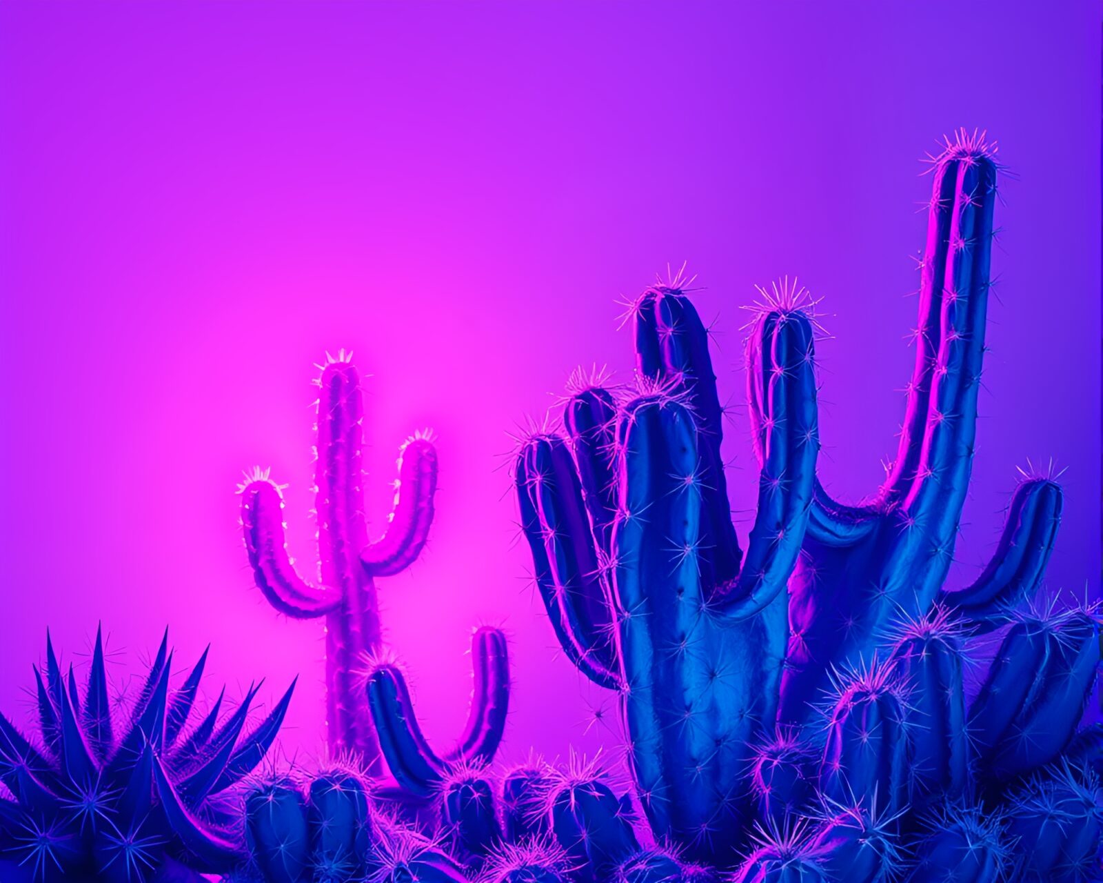 Vibrant neon cactus glowing in ice-blue fantasy landscape