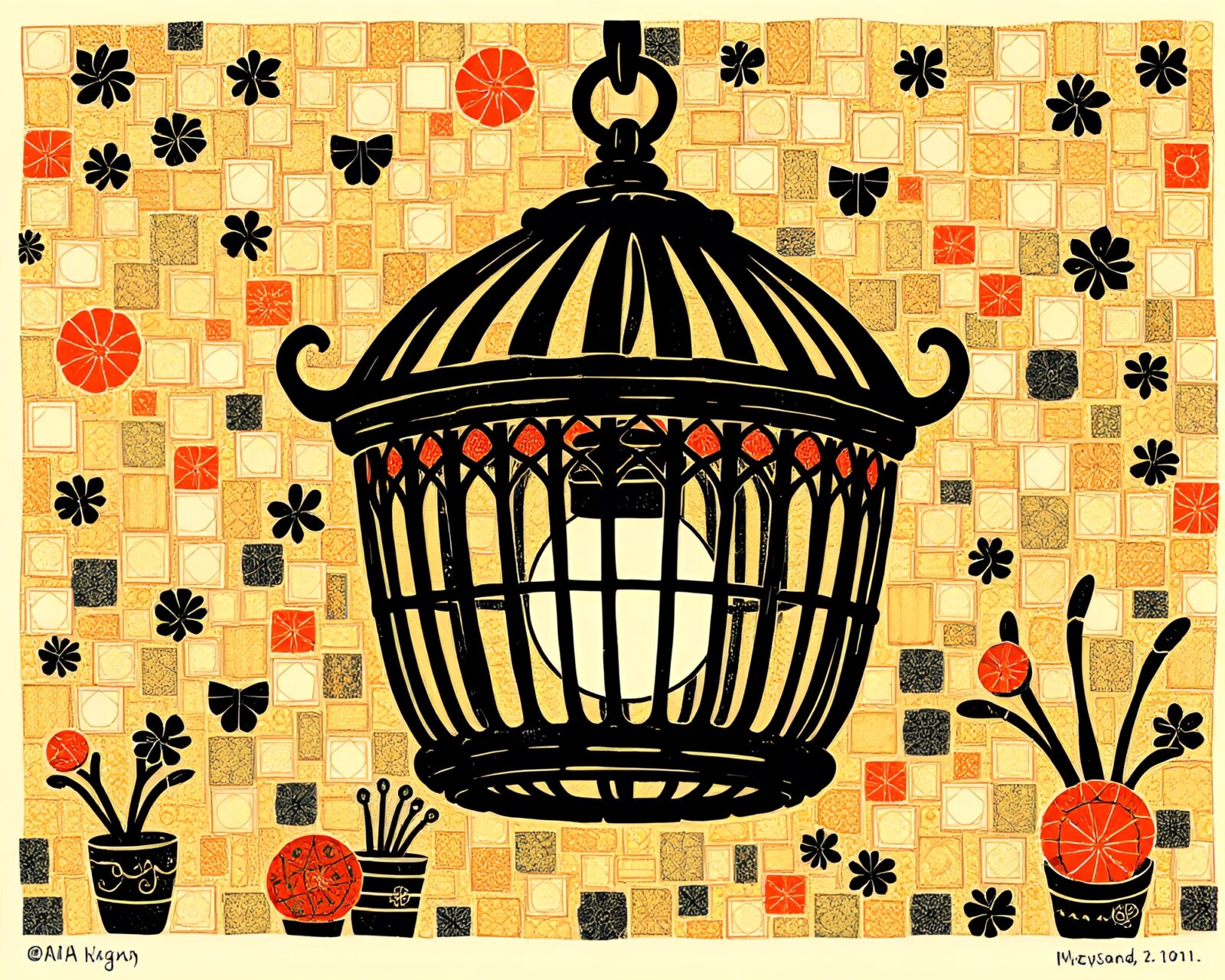 Fragmented mosaic of dim sum basket in linocut print style under warm library lamp glow