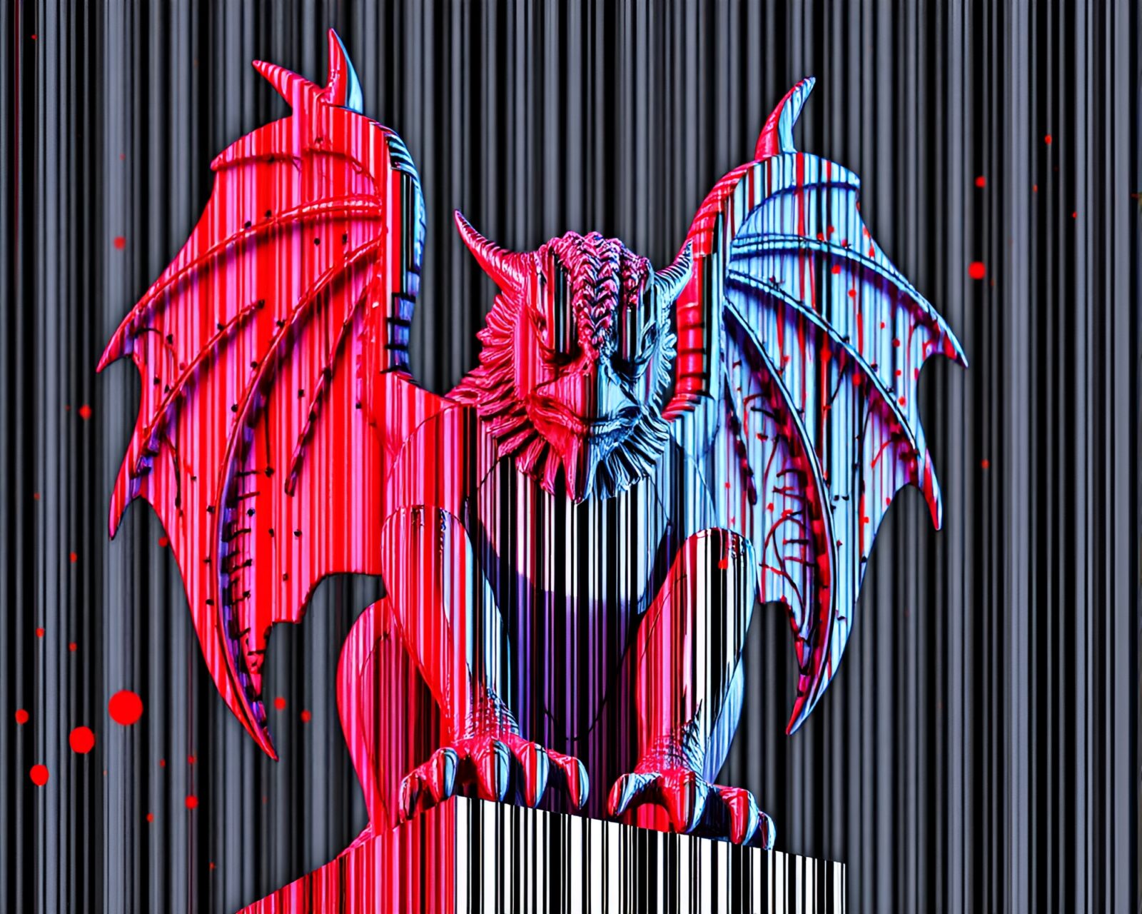Gargoyle statue surrounded by colorful splatter art patterns