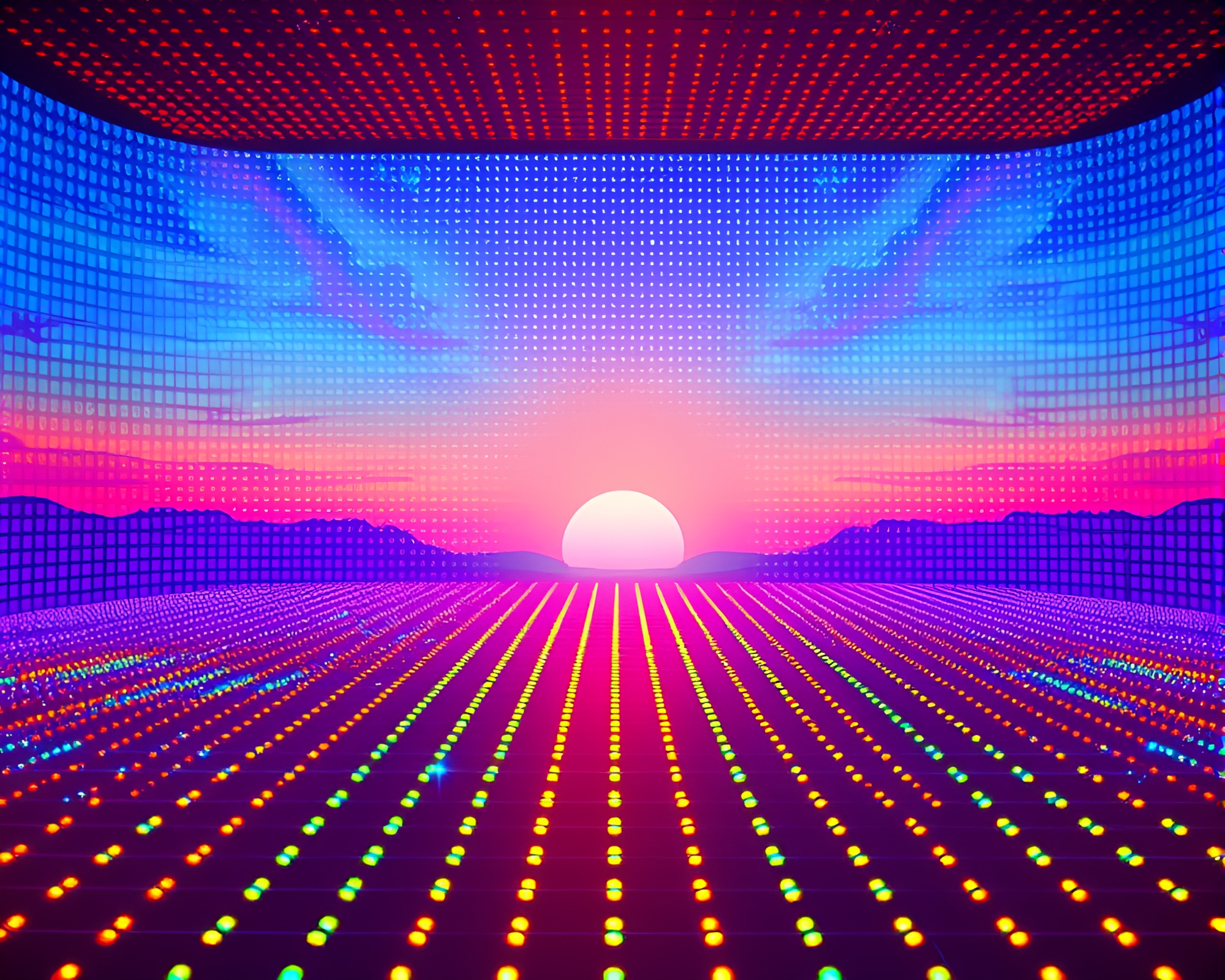 Vaporwave Sunset with LED Pixel Grid Hologram Effect – free AI stock image