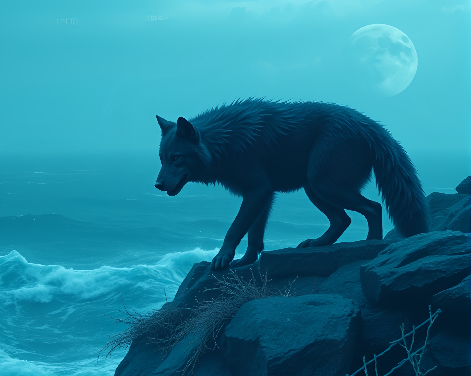 Enchanted Werewolf Gazing at Utopian Ocean Blue Horizon – free AI stock image