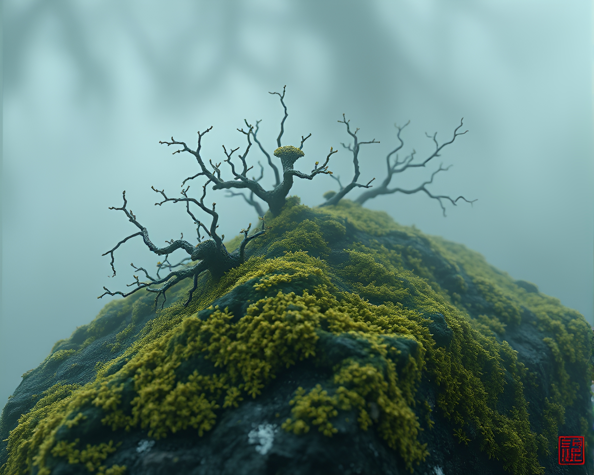 Lichen-Covered Calligraphy Stone in Stereoscopic 3D Dawn Mist – free AI stock image