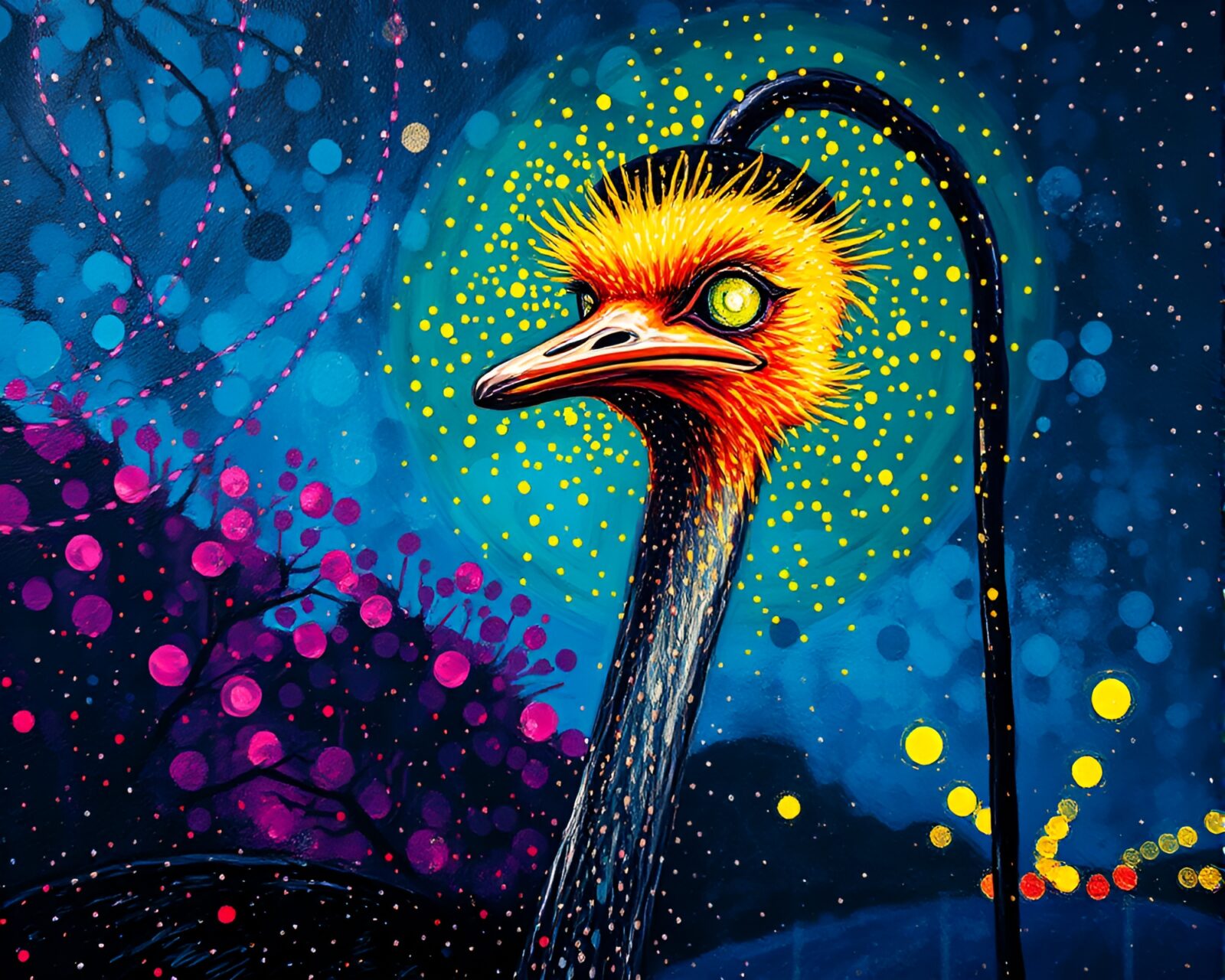Vibrant expressionist art of ostrich in glowing streetlamp light