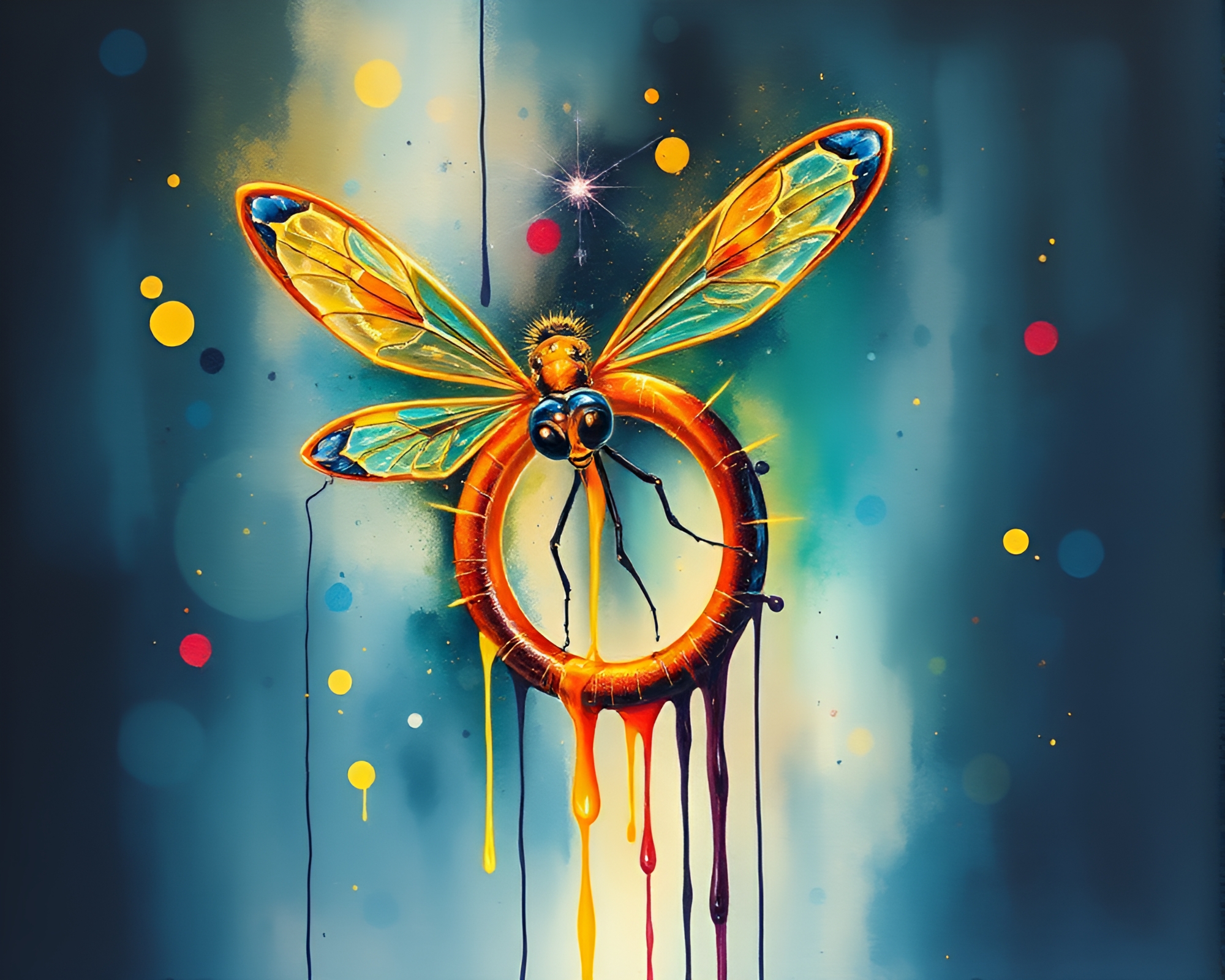 Graffiti Drips Ring of Fireflies Watercolor Illustration – free AI stock image