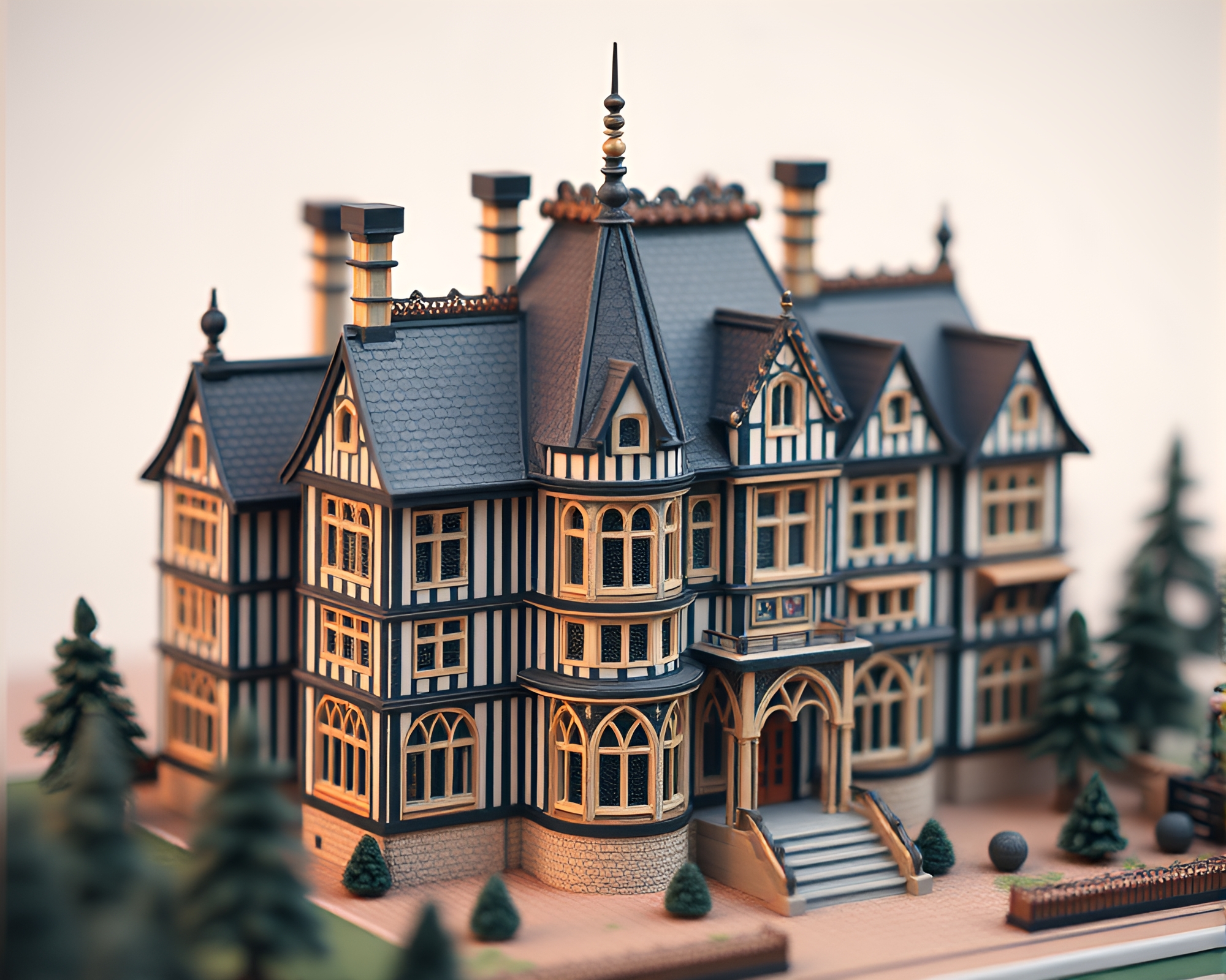 Majestic Neo-Gothic Mansion in Tilt-Shift Miniature – free AI stock image