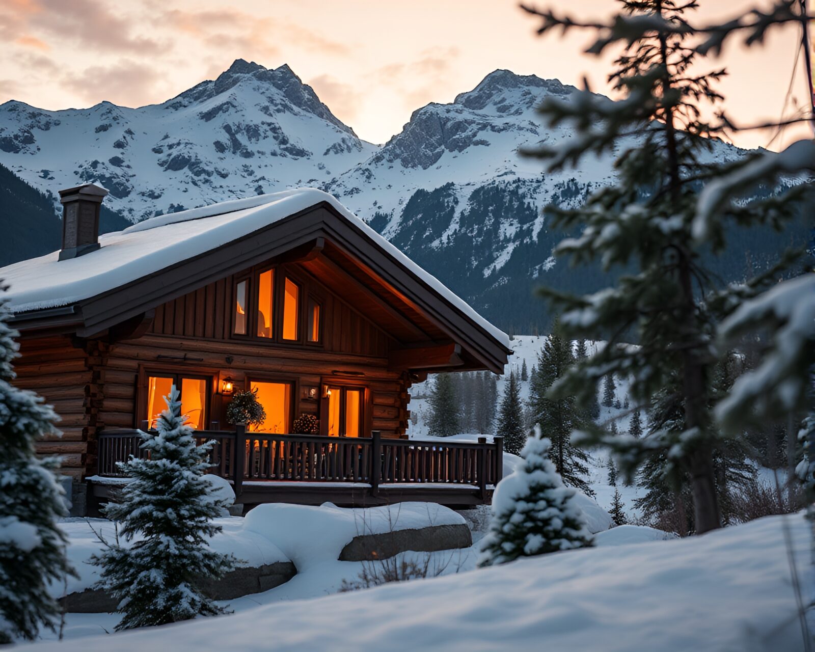 Close-up of an Alpine chalet glowing in golden hour light with organic elements
