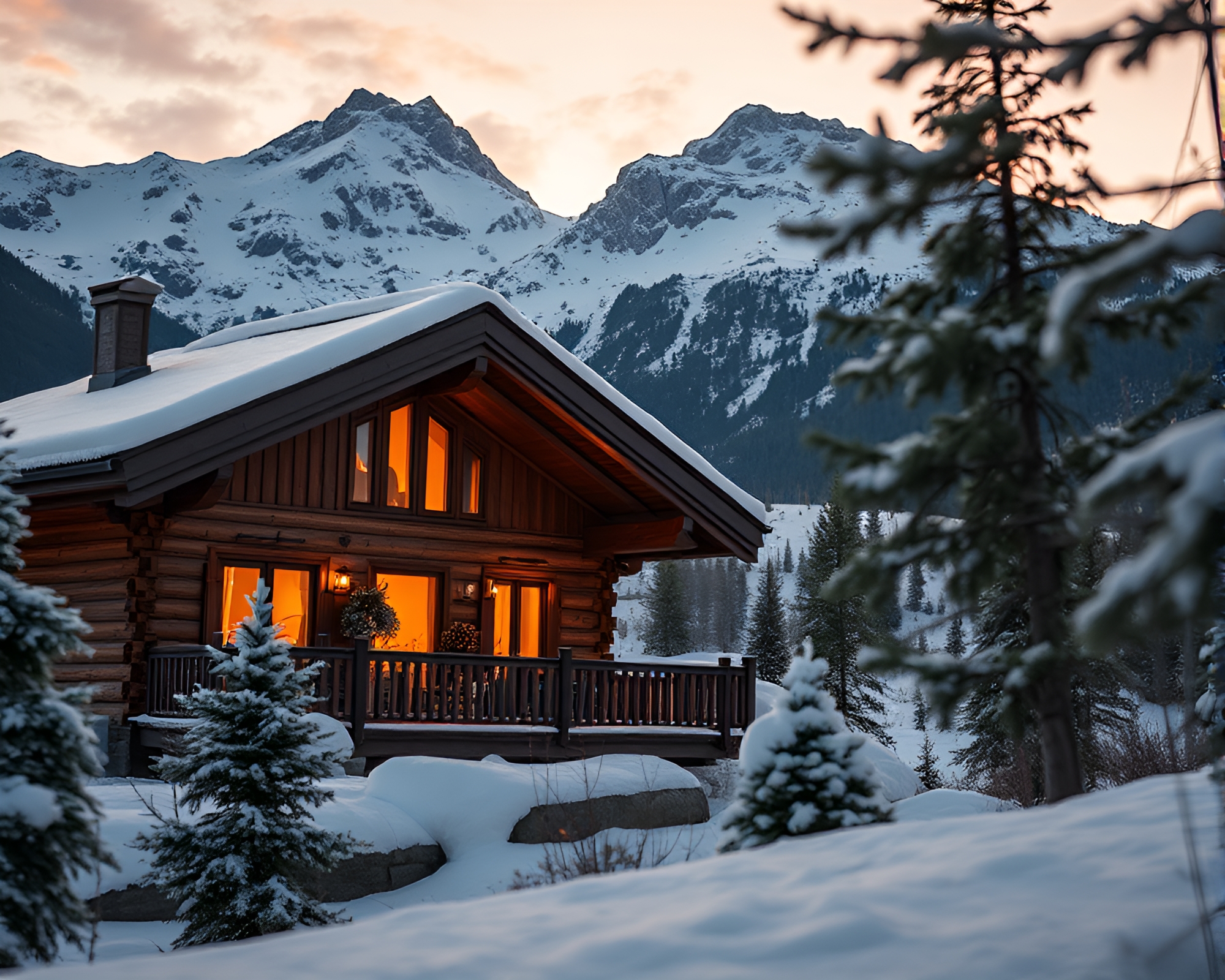 Alpine Chalet Close-Up in Golden Hour Bio-Organic Design – free AI stock image