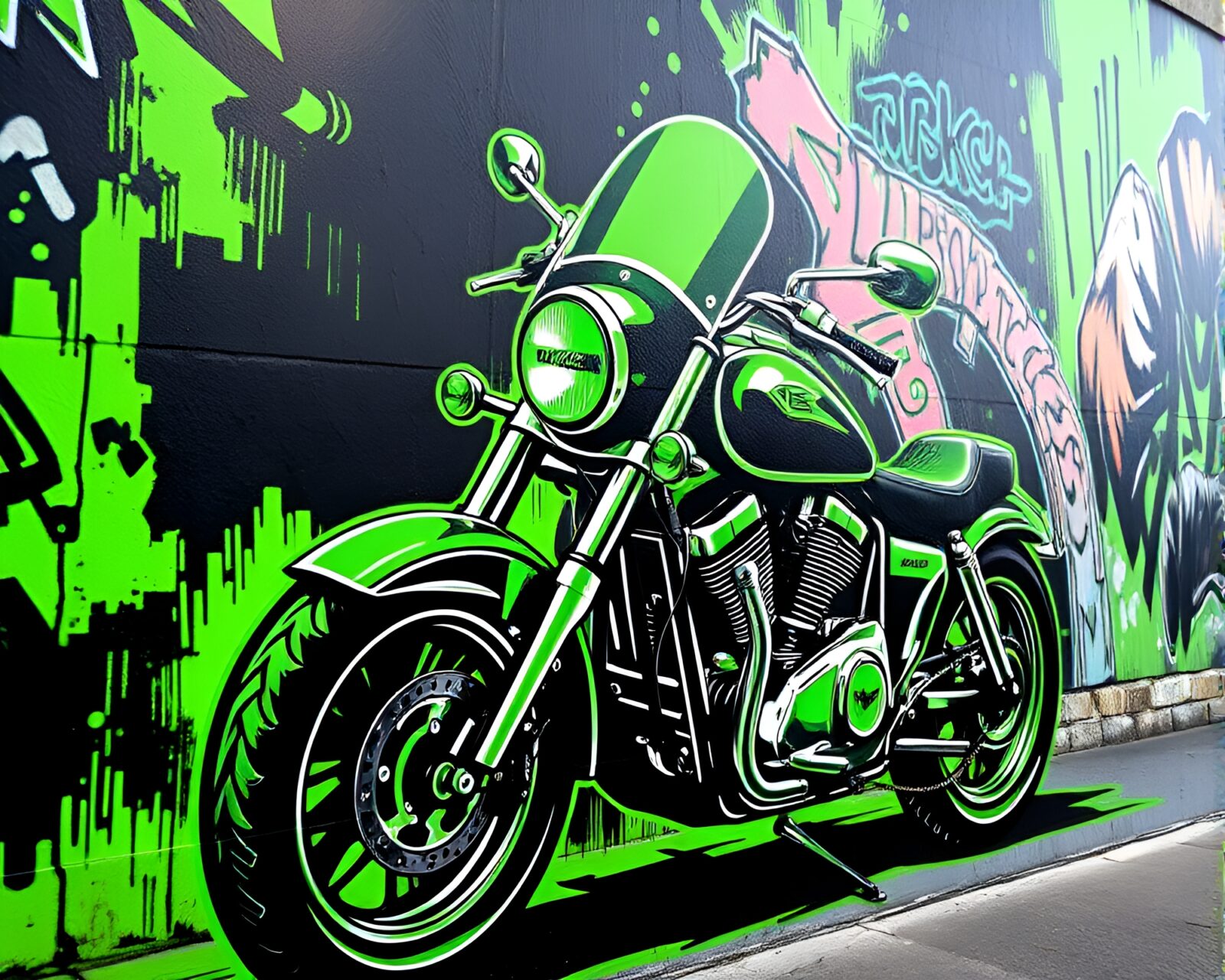 Vibrant neon motorcycle mural in detailed monochrome green lithograph