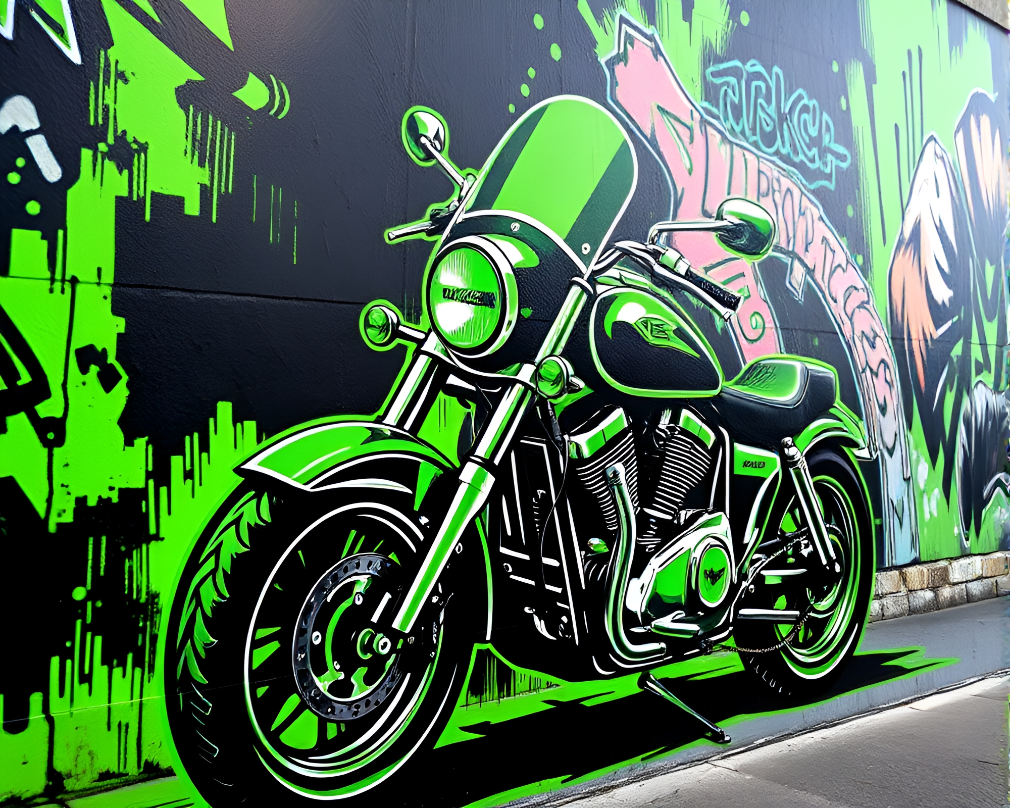 Neon Motorcycle Mural in Monochrome Green Lithography Style – free AI stock image