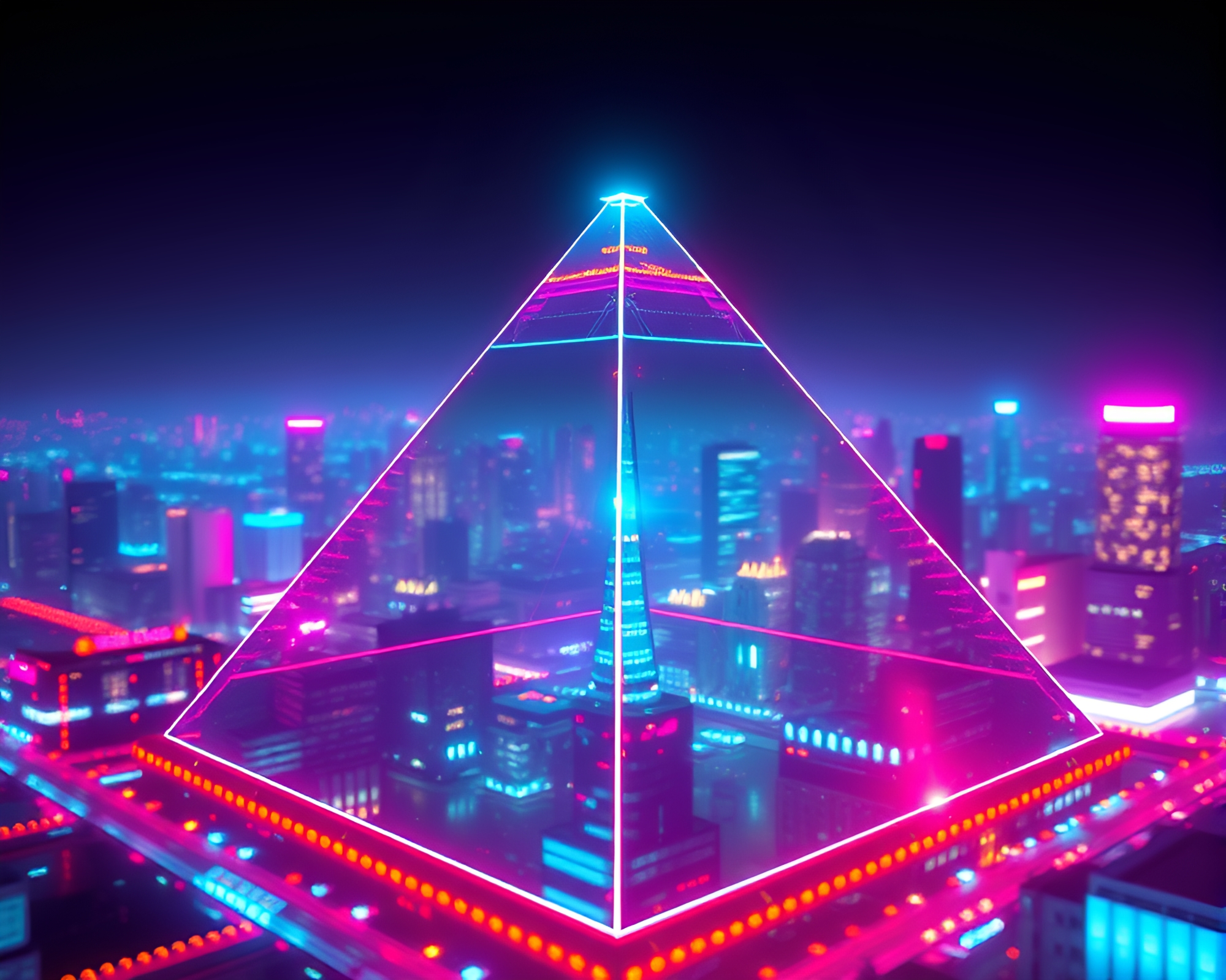 Glass Pyramid in Neon City Glow – free AI stock image