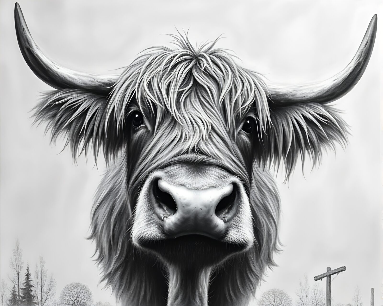 Majestic highland cow portrayed in textured gray tones painting