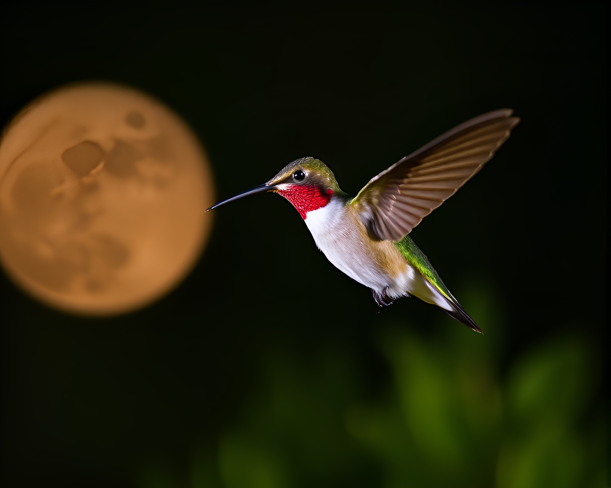 Enchanting Moonlit Hummingbird Encounter in Distorted Angle – free AI stock image