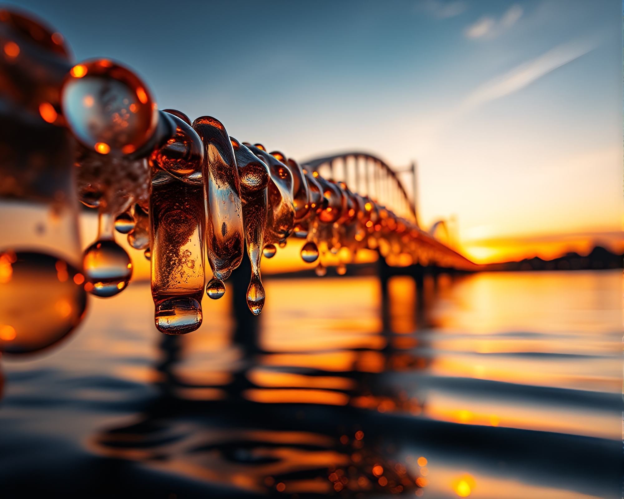 Warm Sunset Glass Bridge Reflection Artwork – free AI stock image