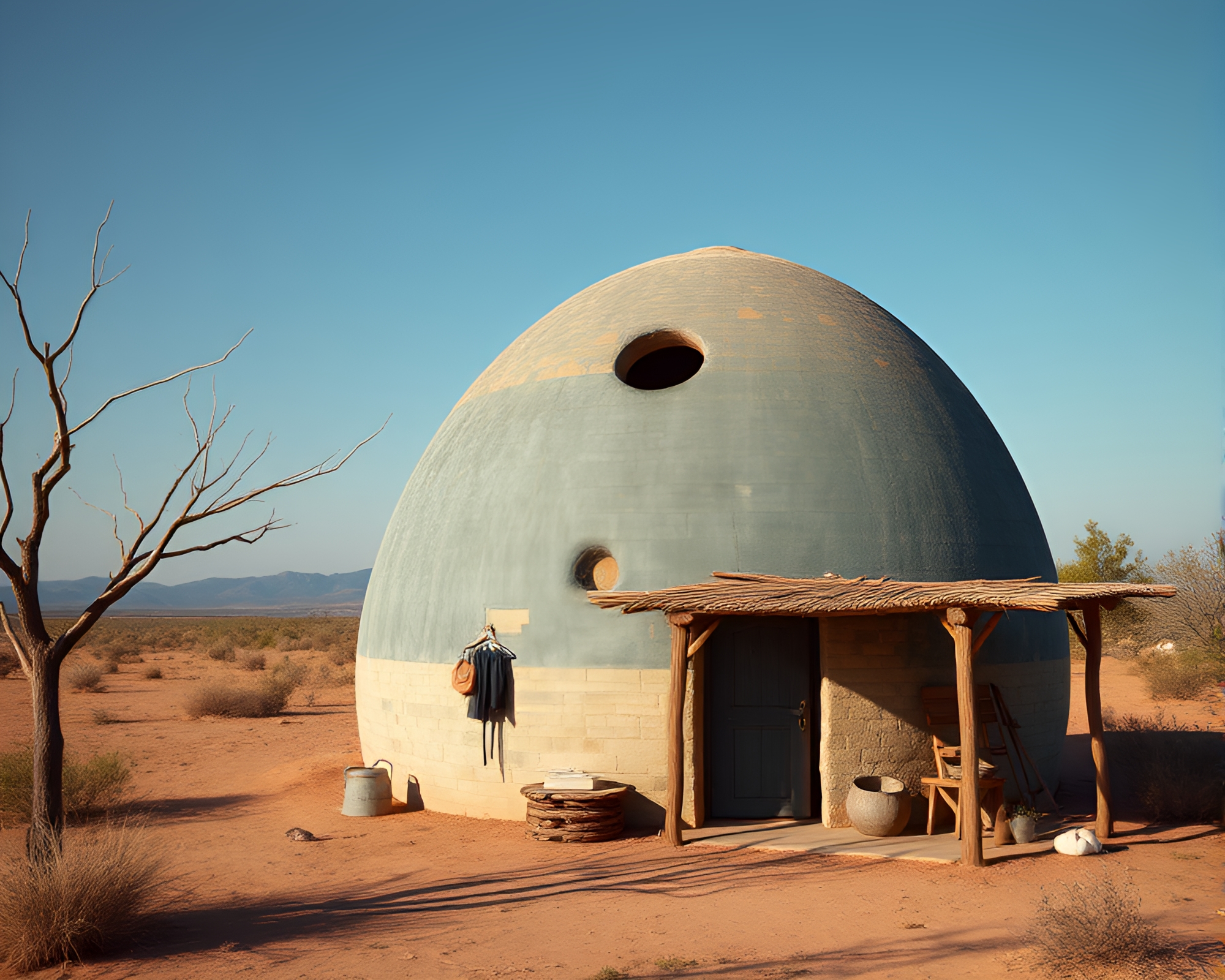 Off-Center Mud Hut in Faded Denim Light – free AI stock image