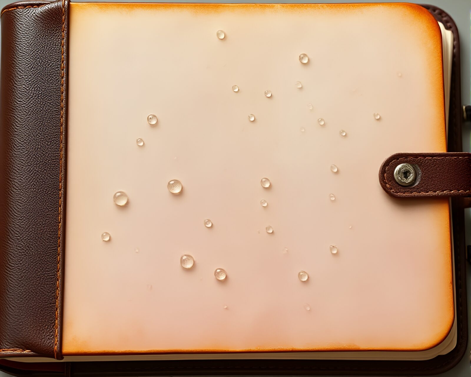 Pastel-toned water droplets glistening on a leather-bound diary