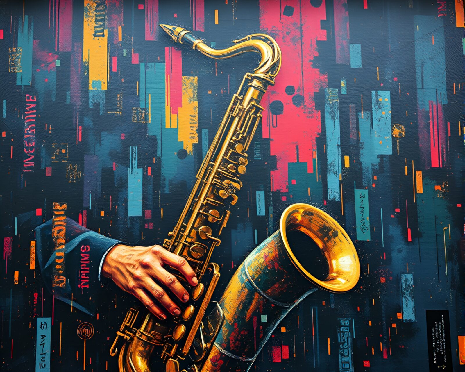 Vibrant mural of saxophonist in grainy, digital noise setting