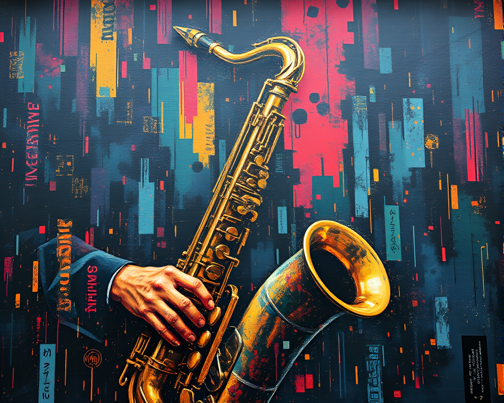 Saxophone Serenade in Murals of Digital Noise – free AI stock image