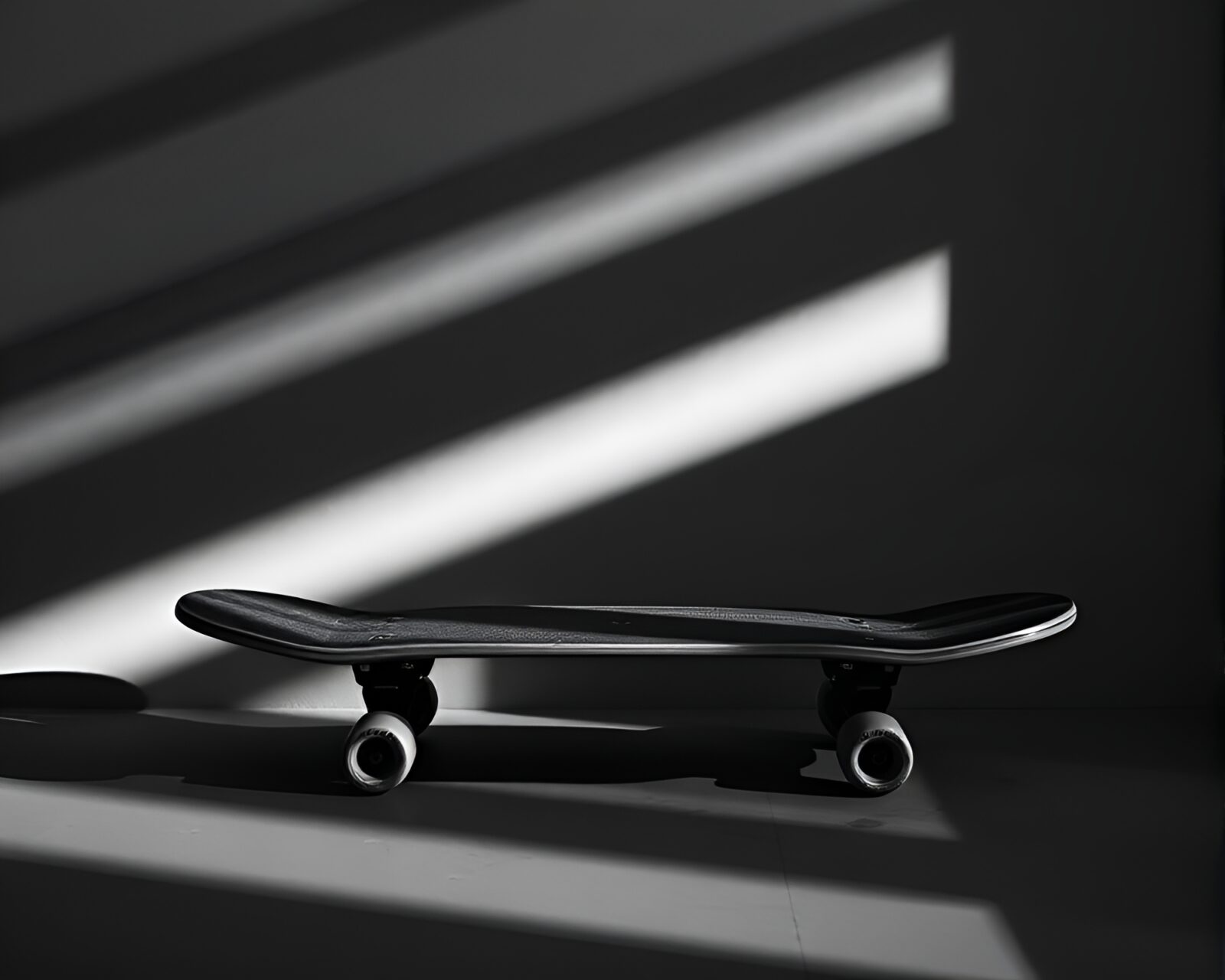 Skateboarder in intricate crosshatched shadows against city backdrop