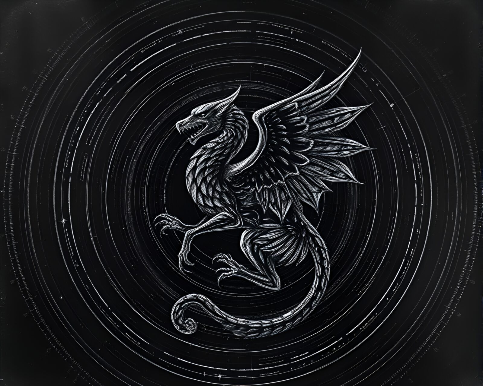 A mystical Gryphon surrounded by ghostly concentric circles