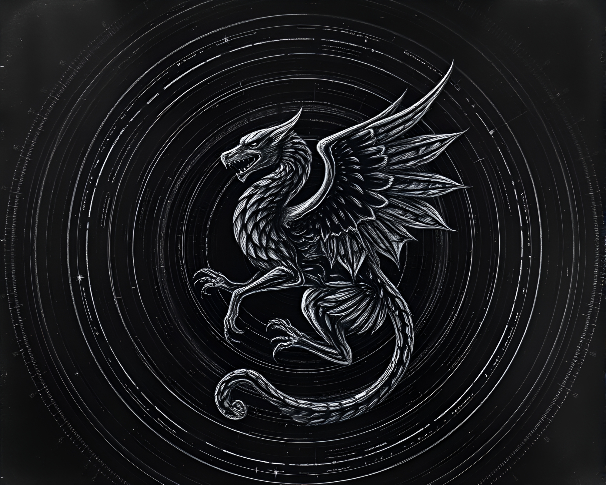 Enigmatic Gryphon Among Charcoal Black Concentric Circles – free AI stock image