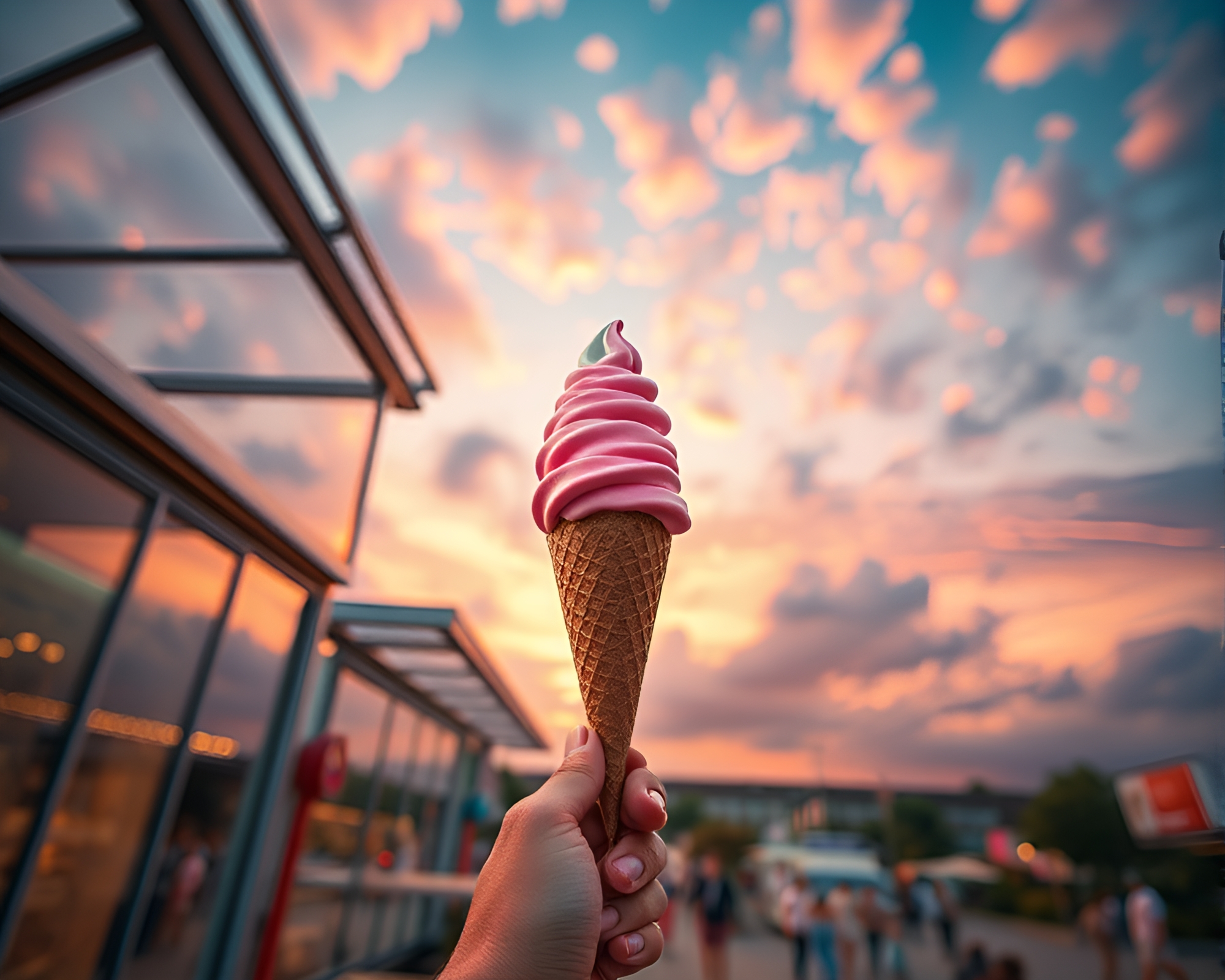 Gelato Cone Kinetic Art in Sunrise Aerial View – free AI stock image