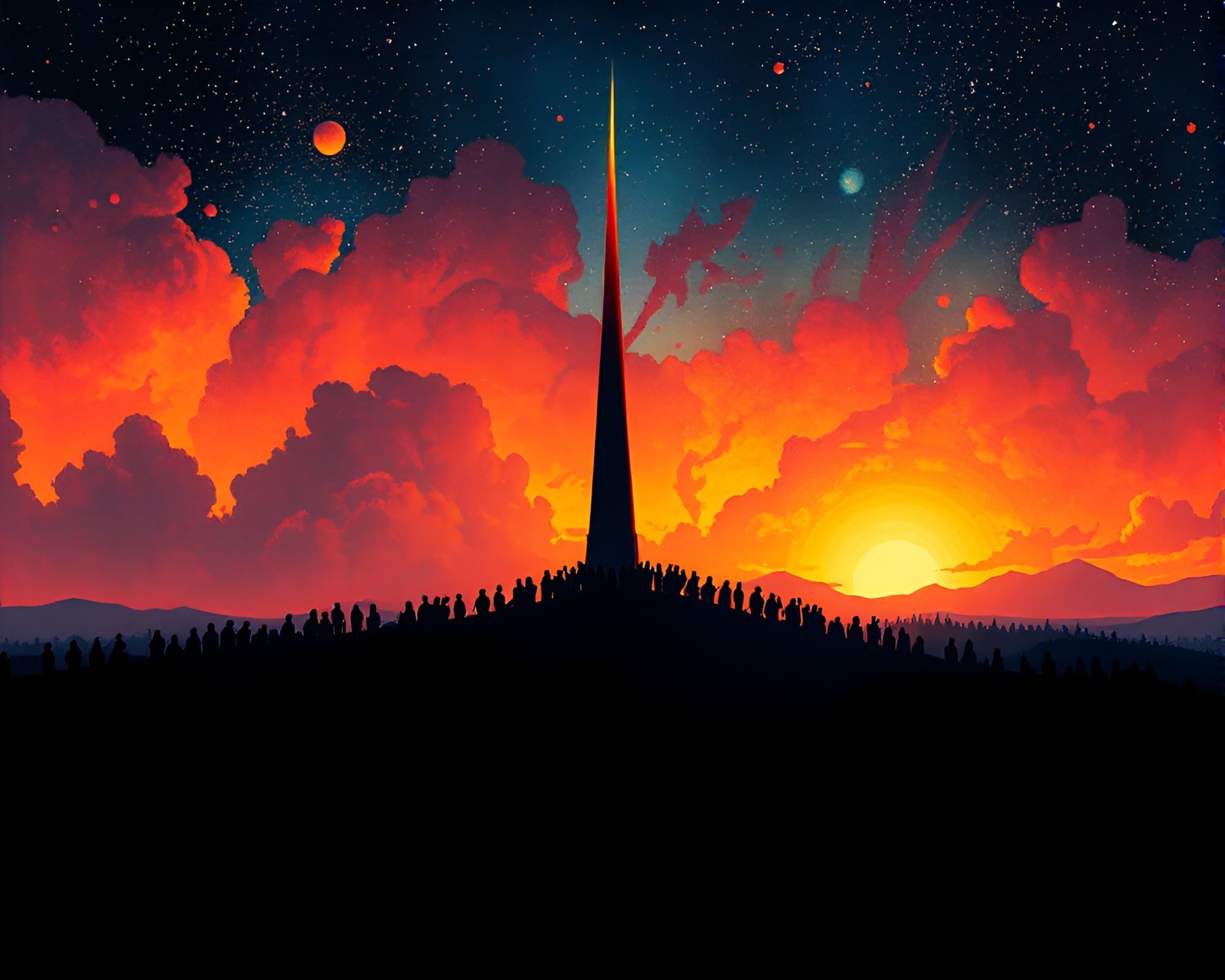 Tower Silhouettes Beneath Cosmic Rainbow Lithography – free AI stock image