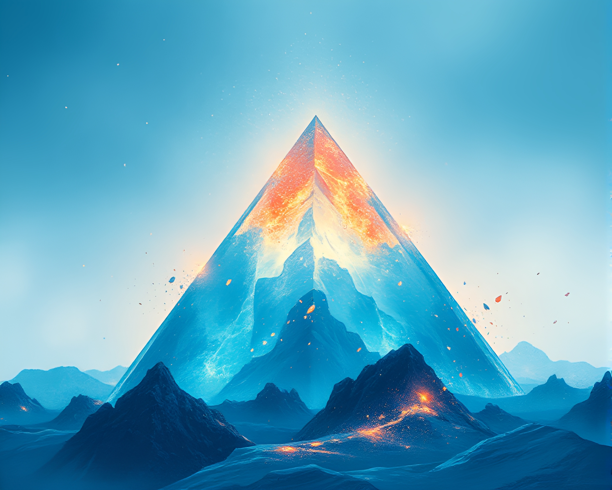 Floating Embers Form Ice-Blue Pyramid Etching Composition – free AI stock image
