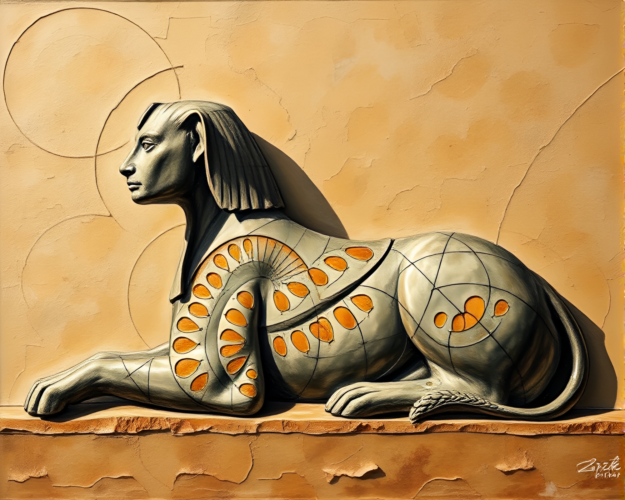 Encaustic Fibonacci Sphinx Statue in Soft Shadows – free AI stock image