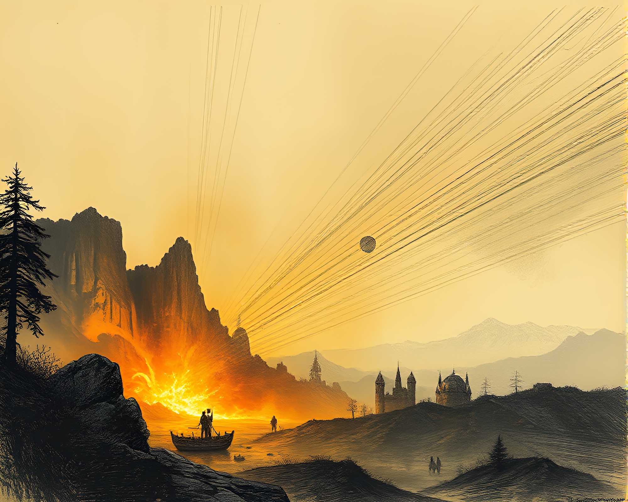 Zoom Burst Golem Engaging Warm Landscape Etching – free AI stock image