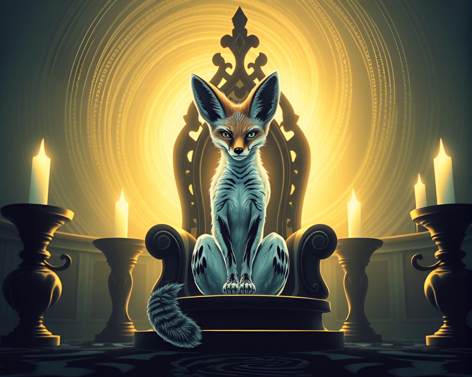 Glowing throne room with fennec fox and fingerprint swirls